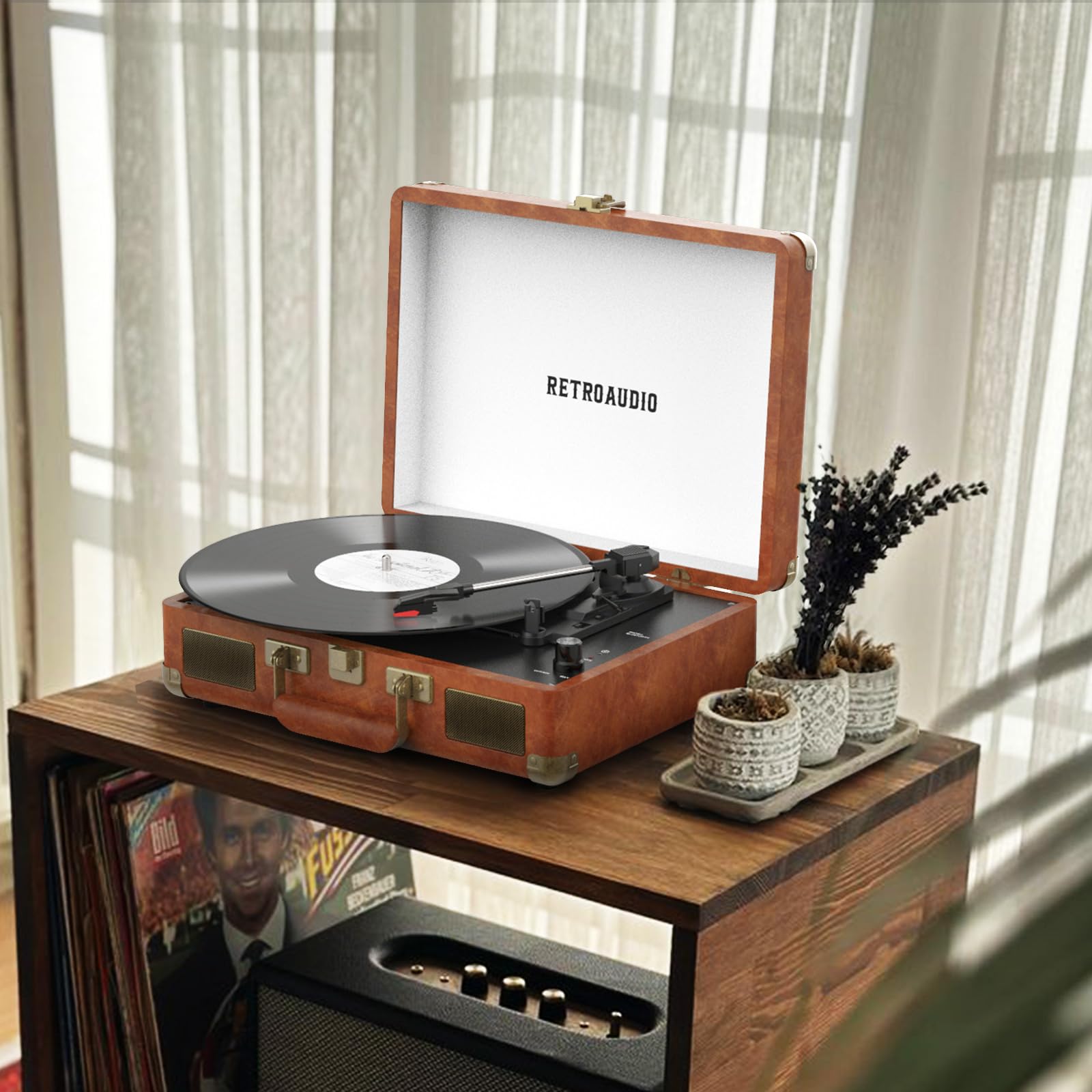 Tragbarer Kofferplattenspieler mit Bluetooth, 3 Geschwindigkeiten, 2 integrierten Stereolautsprechern, riemengetriebenem Plattenspieler für Vinyl-Schallplatten, RCA-Line-Out und AUX-Out