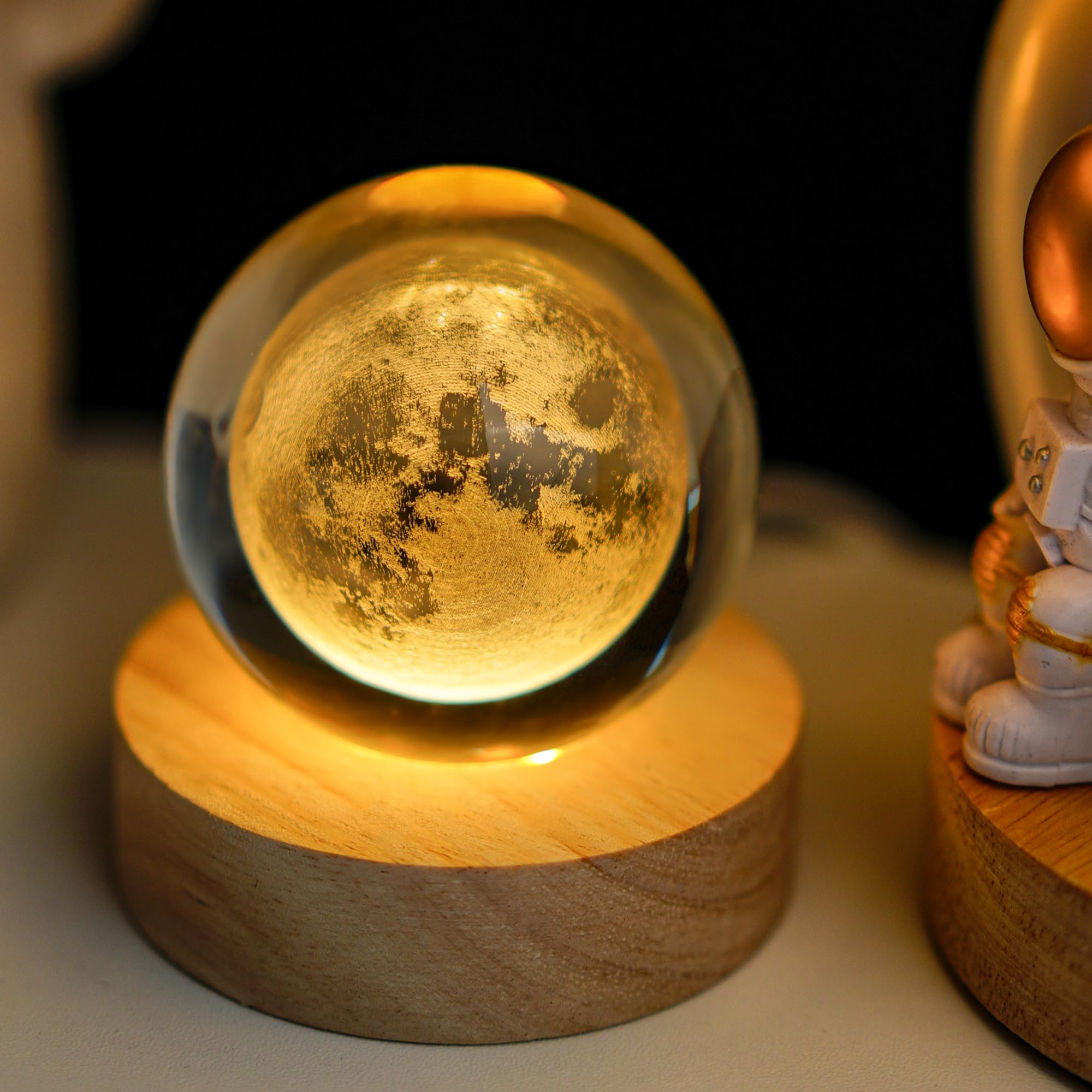kanpura 3D Carved Moon Crystal Ball with Warm Light Base Night Light for 2.3Inches Glass Sphere Home Decor for Friends, Family, Women