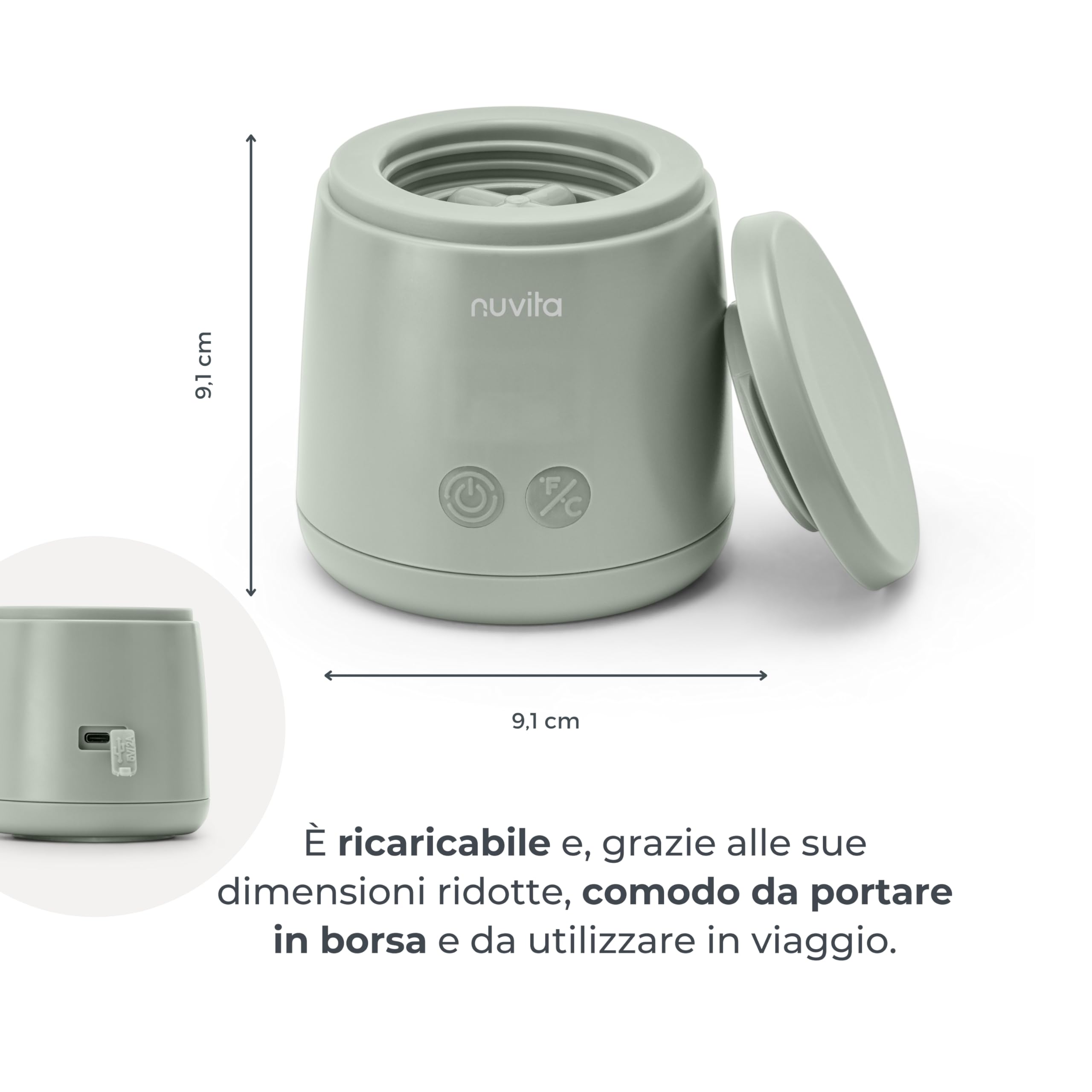 Nuvita 1164 Mix70 - Calentador de botellas portátil con función mezcladora, 5 temperaturas hasta 70 °C, universal con 6 adaptadores incluidos, batería recargable, pantalla LED, sin BPA