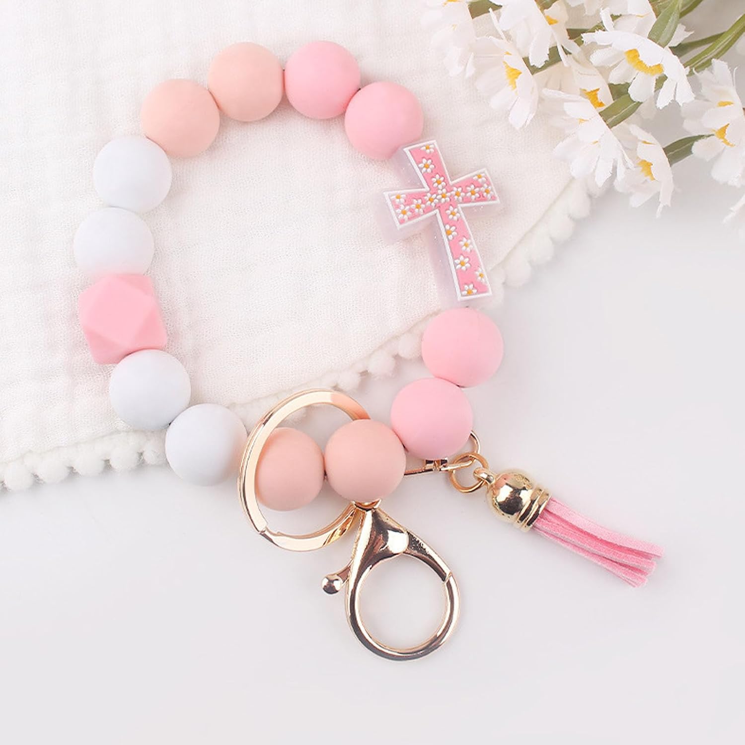 Flower Cross Silicone Beaded Wristlet Keychain Bracelet For Women Stretchy Charm Bracelet Wrist Key Chain - Image 2