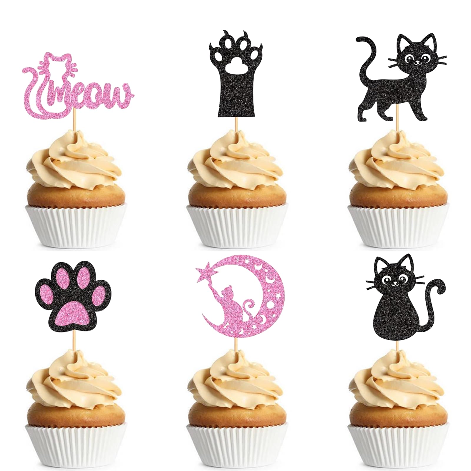 24Pcs Cat Cupcake Toppers Cat Meow Paw Glitter Cupcake Toppers Decoration for Kitten Theme Party Kids Birthday Party Baby Shower Supplies