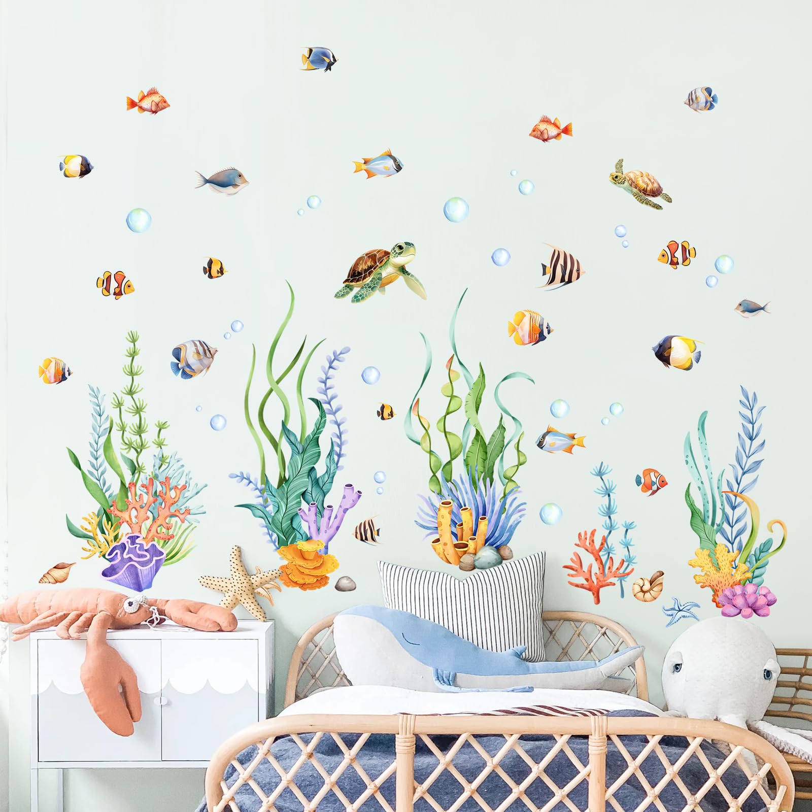 Under The Sea Wall Stickers Seaweed Grass Ocean Fish Sea Turtle Underwater Wall Decals for Bathroom Peel and Stick Wall Art Decals for Baby Nursery Kids Bedroom Bathroom - Image 2