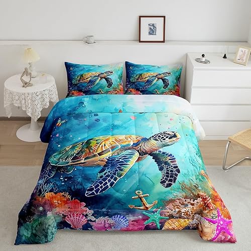 Erosebridal Juego de edredón de tortuga marina en acuarela, tamaño individual, arco iris, galaxia, para niños y niñas, elegante edredón de plumón de