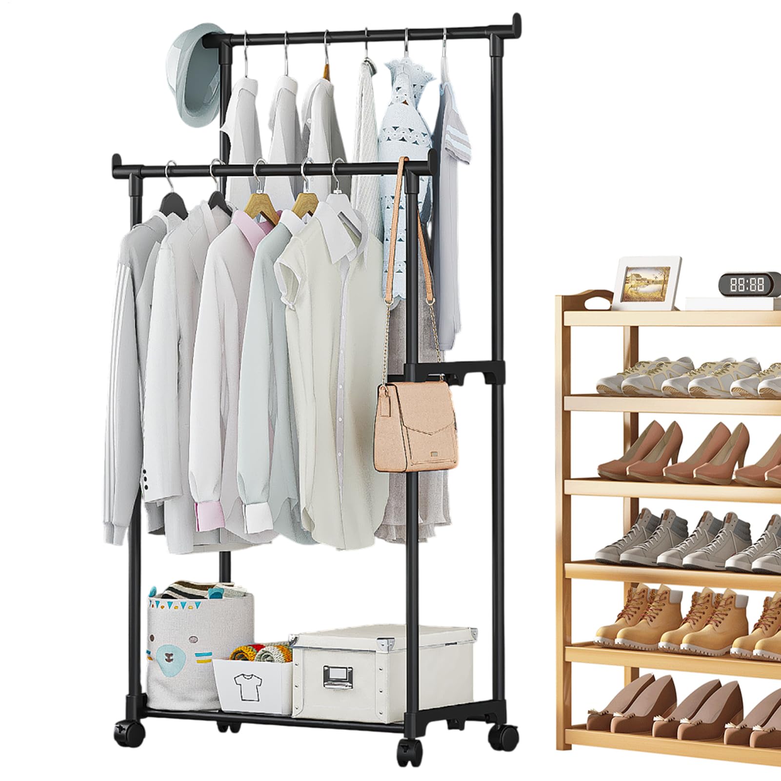 Burro De Ropa - Colgador De Vestimenta, Guardarropa | Soporte De Ropa Con Doble Barra Reforzada, Organizador De Vestuario Con Ruedas Giratorias Para Baño, Balcón, Habitación Juvenil, Garaje