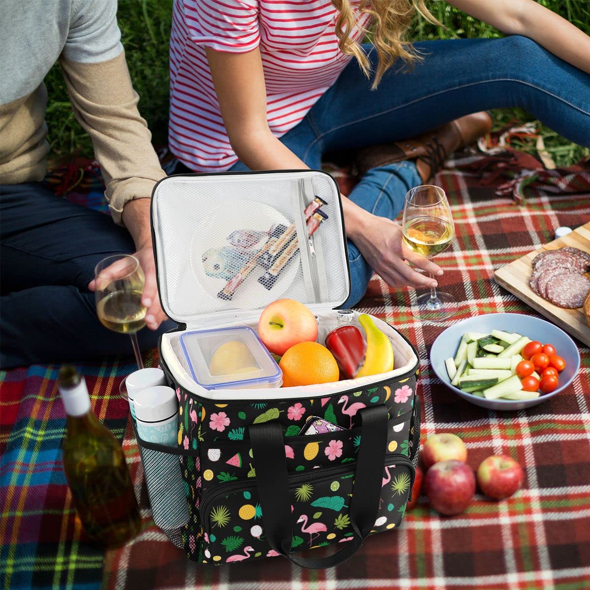 Bolsa de picnic de 15 L, 24 latas, bolsa de almuerzo aislada con flamenco y piña para viajes, camping, barbacoa, actividades al aire libre, asas, correa para el hombro