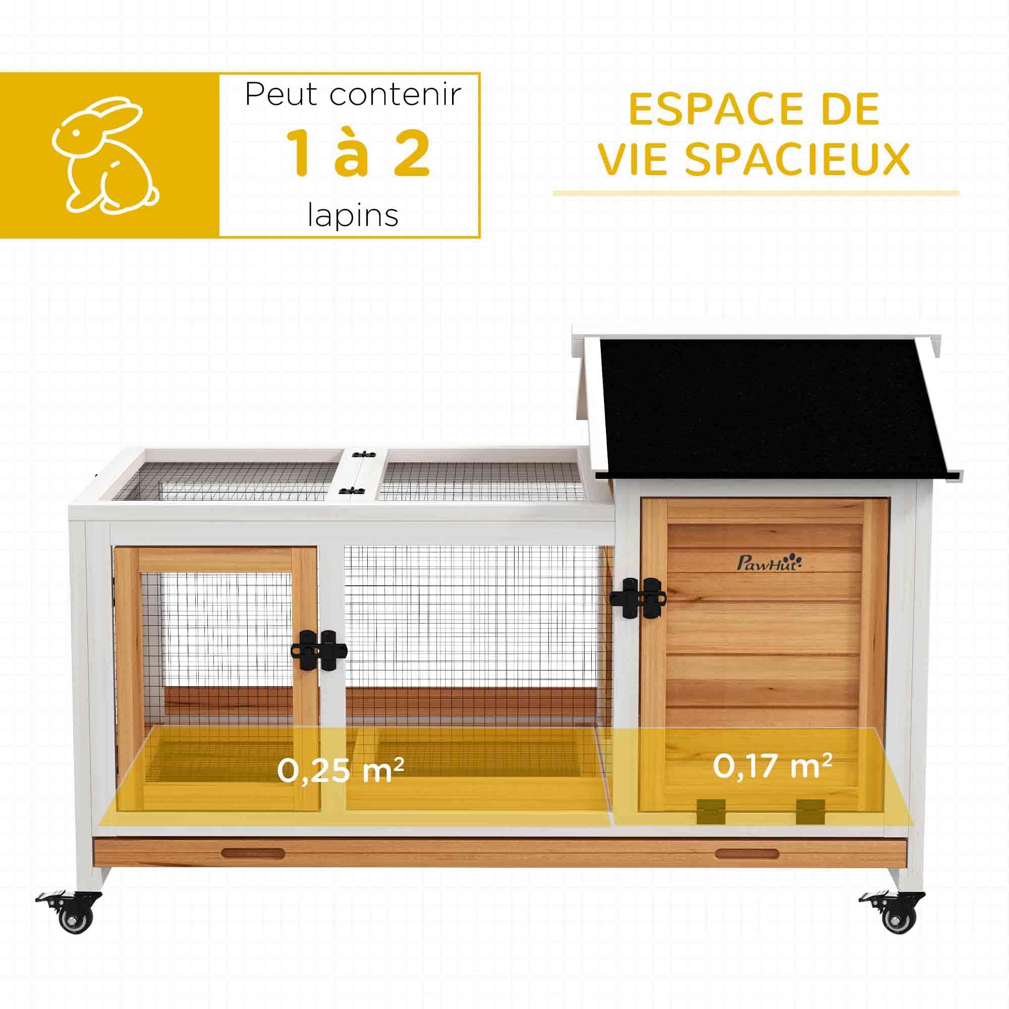PawHut Clapier Cage à Lapins rongeurs sur roulettes 2 Portes verrouillables tiroir à déjection 108L x 58l x 73,5H cm Bois Jaune