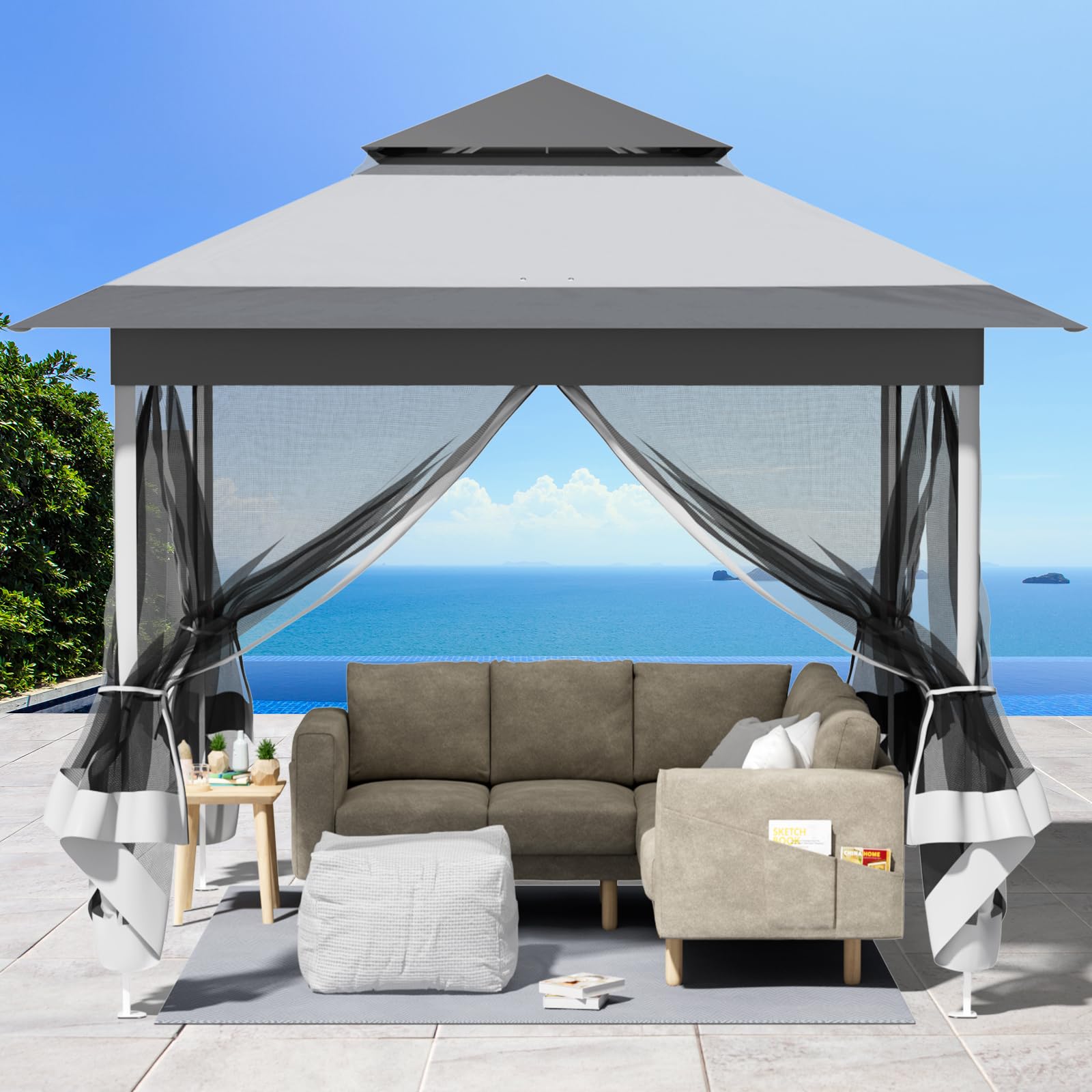 Gazebo pieghevole 3,3x3,3 m, con 4 pannelli laterali in zanzariera, One Push tenda con doppio tetto, Gazebo impermeabile da giardino 4 PCS Sacchi di Sabbia, per mercato/campeggio/spiaggia, Grigio