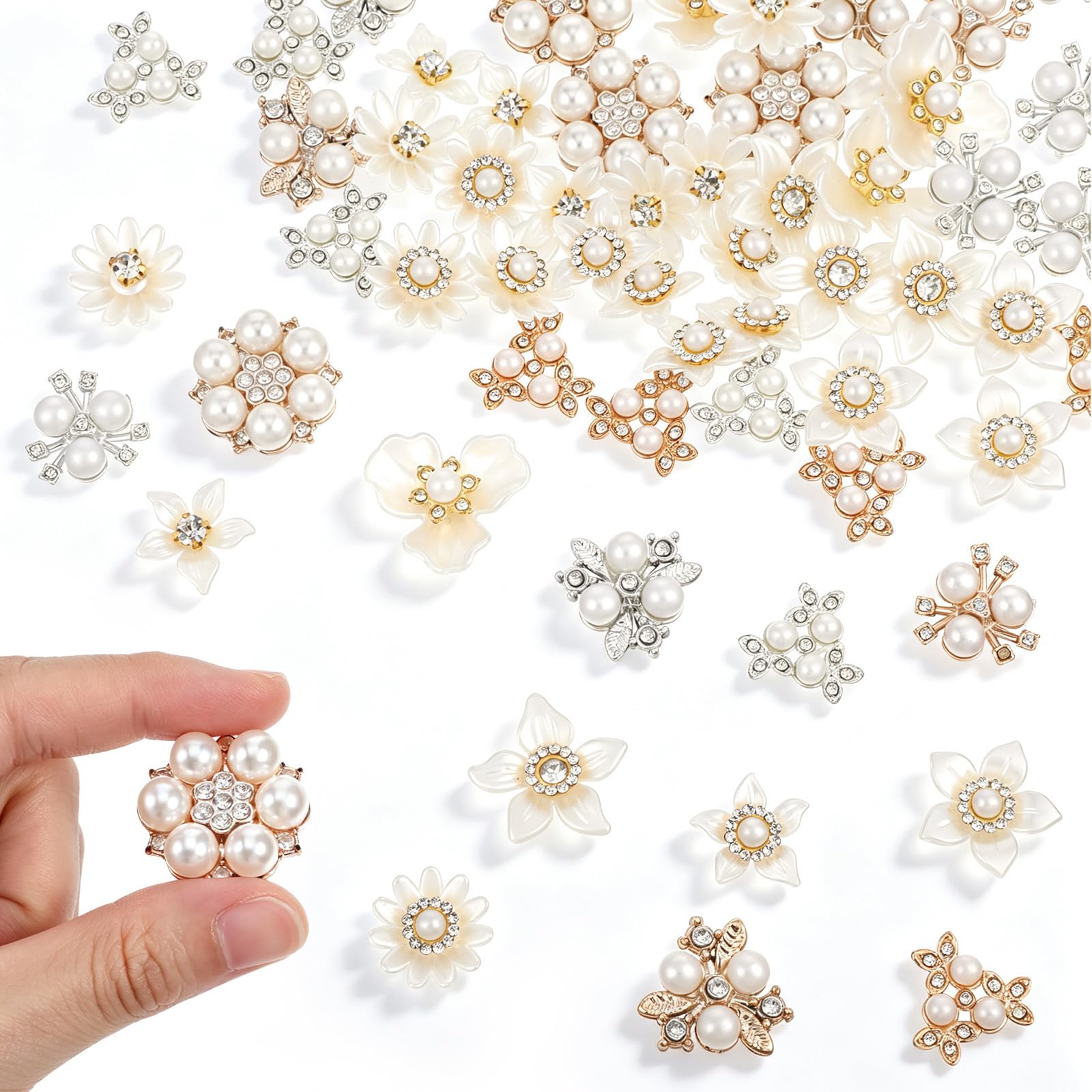 RAHHLIZS 70pcs Flower Rhinestone Buttons, Acrylic Faux Pearl Buttons