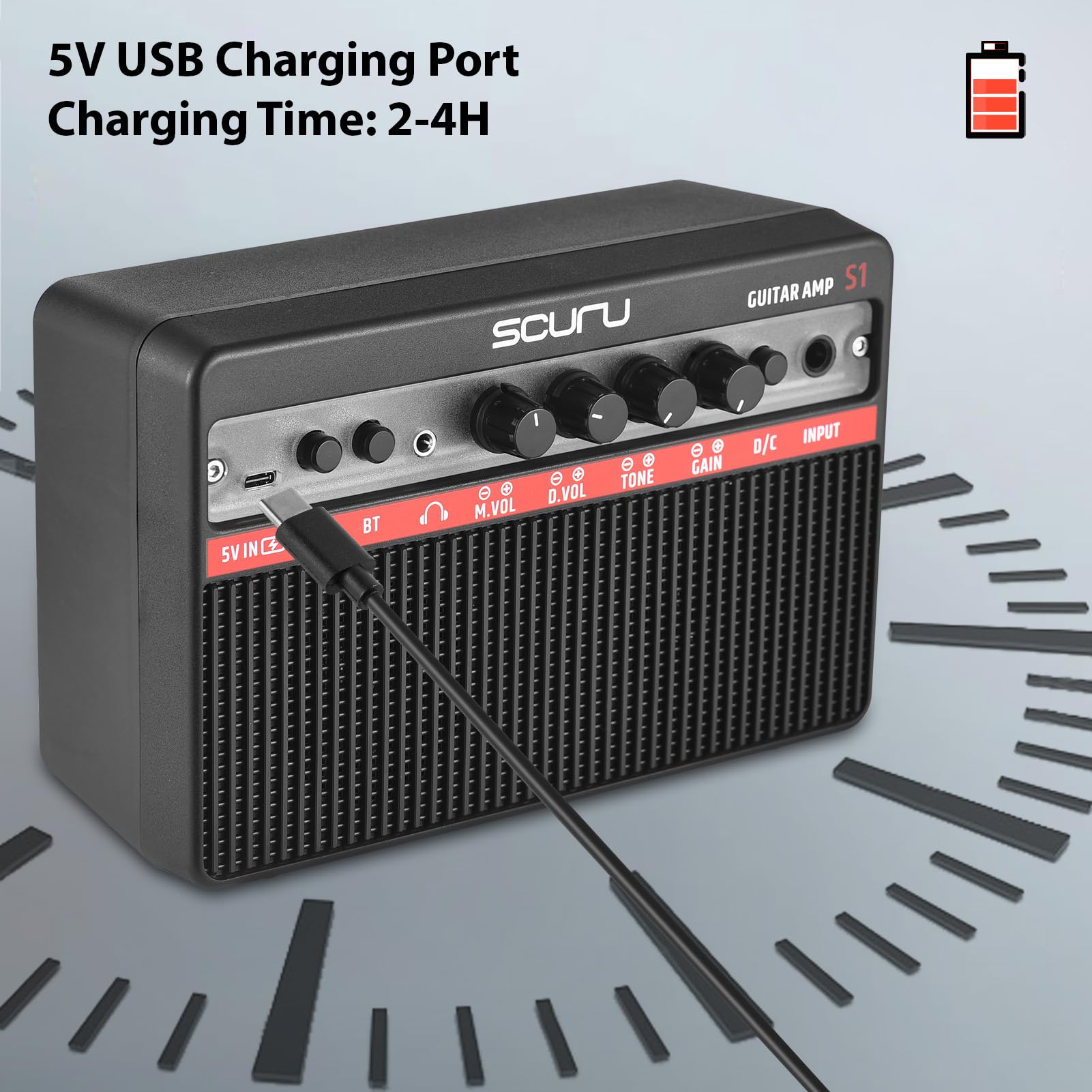 Btuty Scuru 16 W kleiner E-Gitarrenverstärker, tragbarer Gitarren-Übungs-Lautsprecher, wiederaufladbarer Verstärker, unterstützt BT/Kopfhörer-Verbindung, integrierter Verzerrungseffekt, Plug and Play