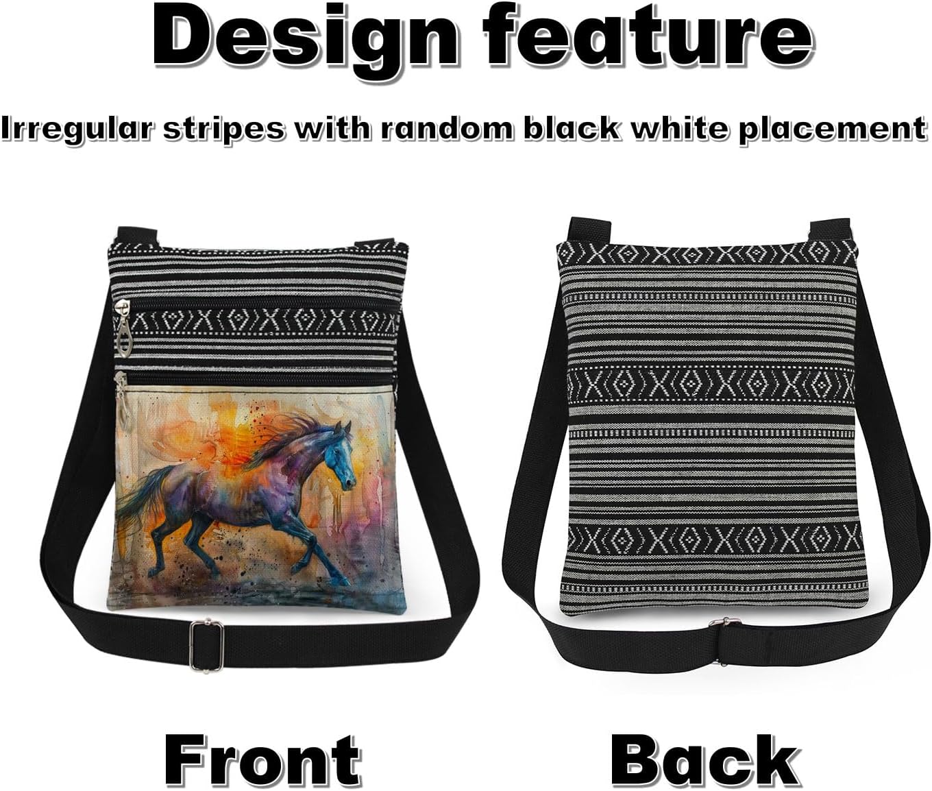 Watercolor Horse Crossbody Bag Colorful Art Adjustable Strap for Adults Messenger Bag Birthday Gift for Friend Horse Lover