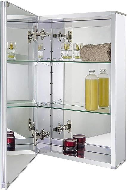 Fundin Aluminum Bathroom Mirror Cabinet Recess Mount or Surface Mount, with Framless Double Sided Mirror Door, 38 x 61 cm