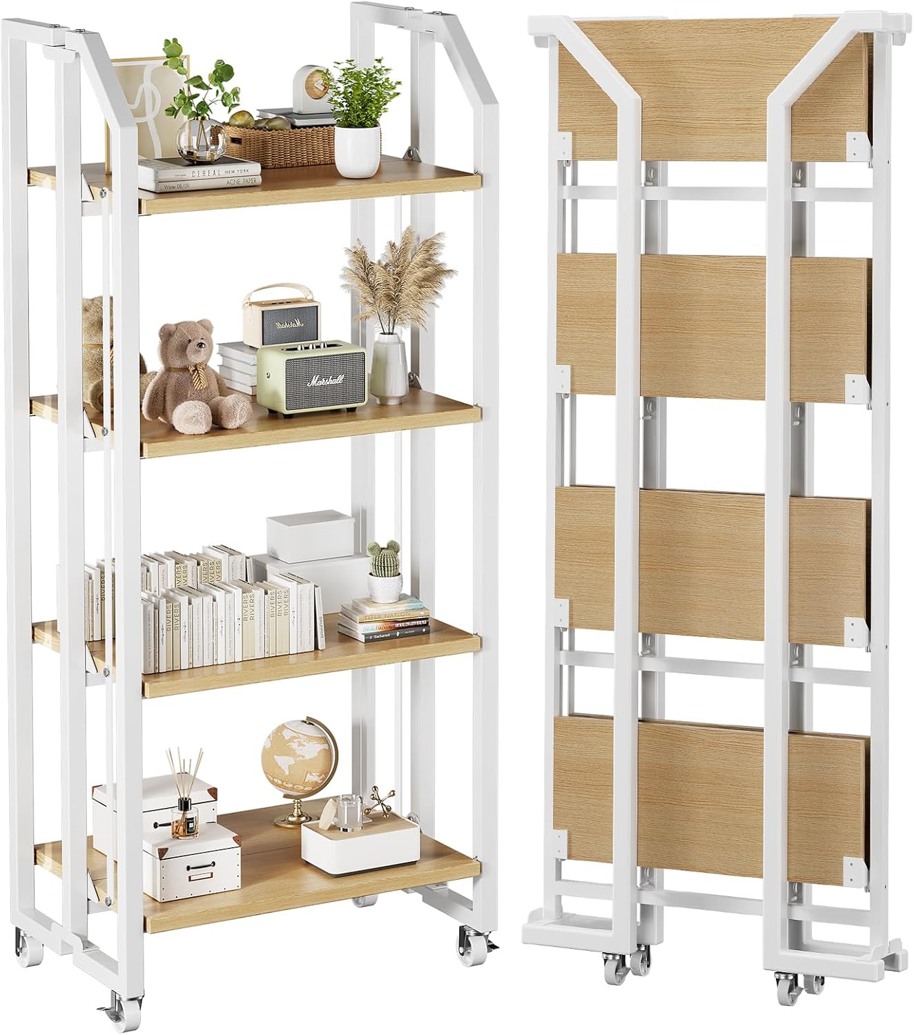 No Assembly Double-Sided Folding Bookshelf for Living Room, 4 Tier Collapsible Book Shelf for Home Office, Portable Bookcase Storage Organizer