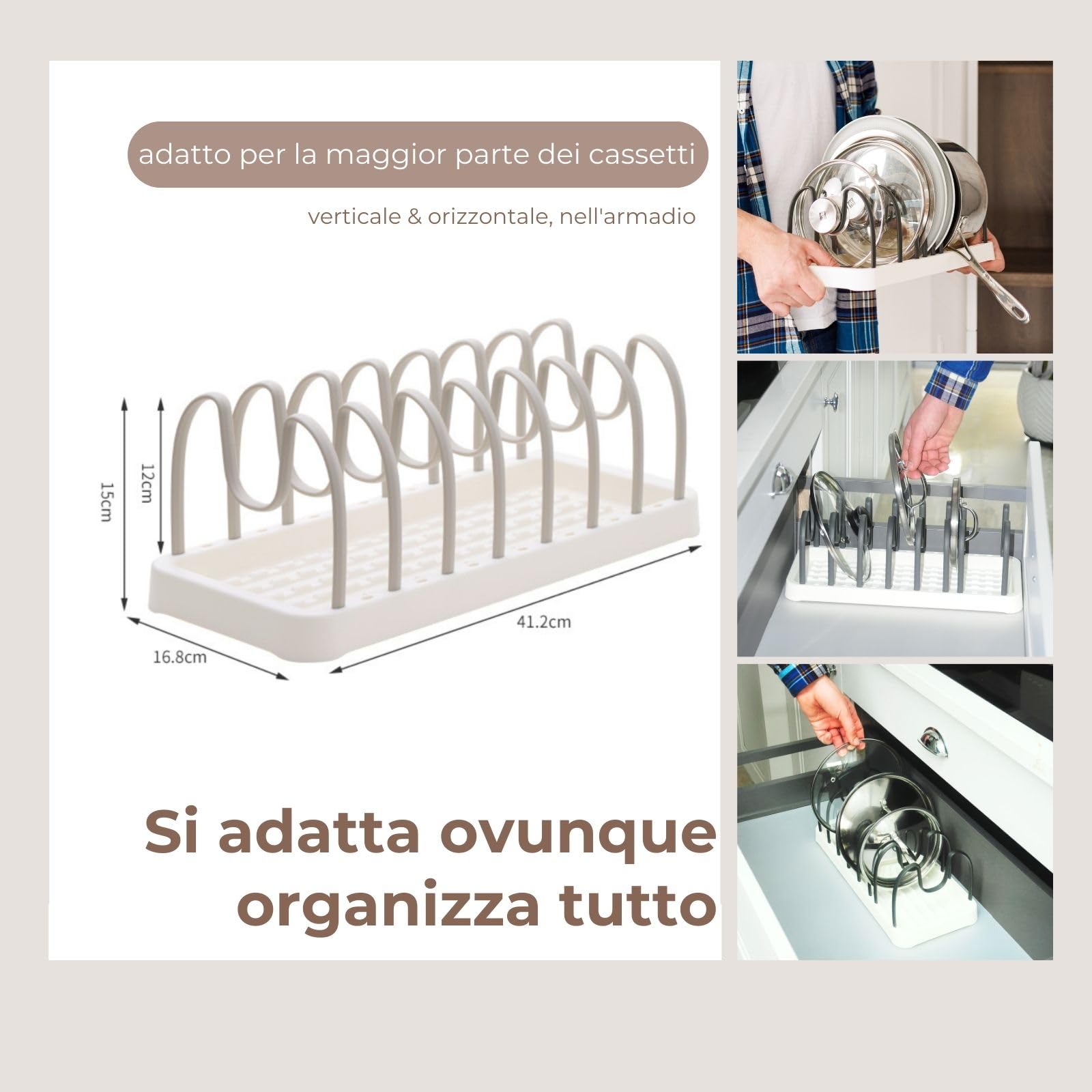 Organizzatore Per Taglieri E Coperchi In Legno E Acciaio - Portatagliere Da Appoggio Per Cucina, Salvaspazio