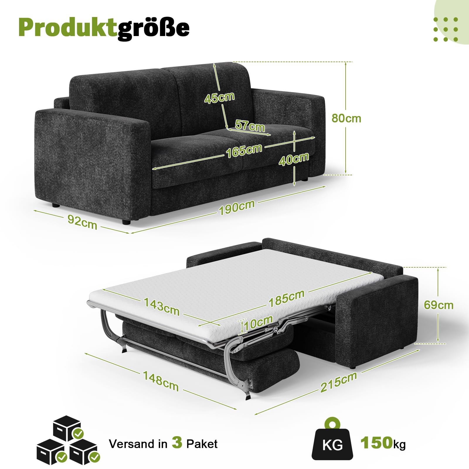 Devoko Schlafsofa mit Matratze 2 Sitzer Sofa 190 cm breit mit Schlaffunktion Ausziehbares Schlafcouch Chenille Couch Klappsofa für Wohnung und Wohnzimmer, Schwarz