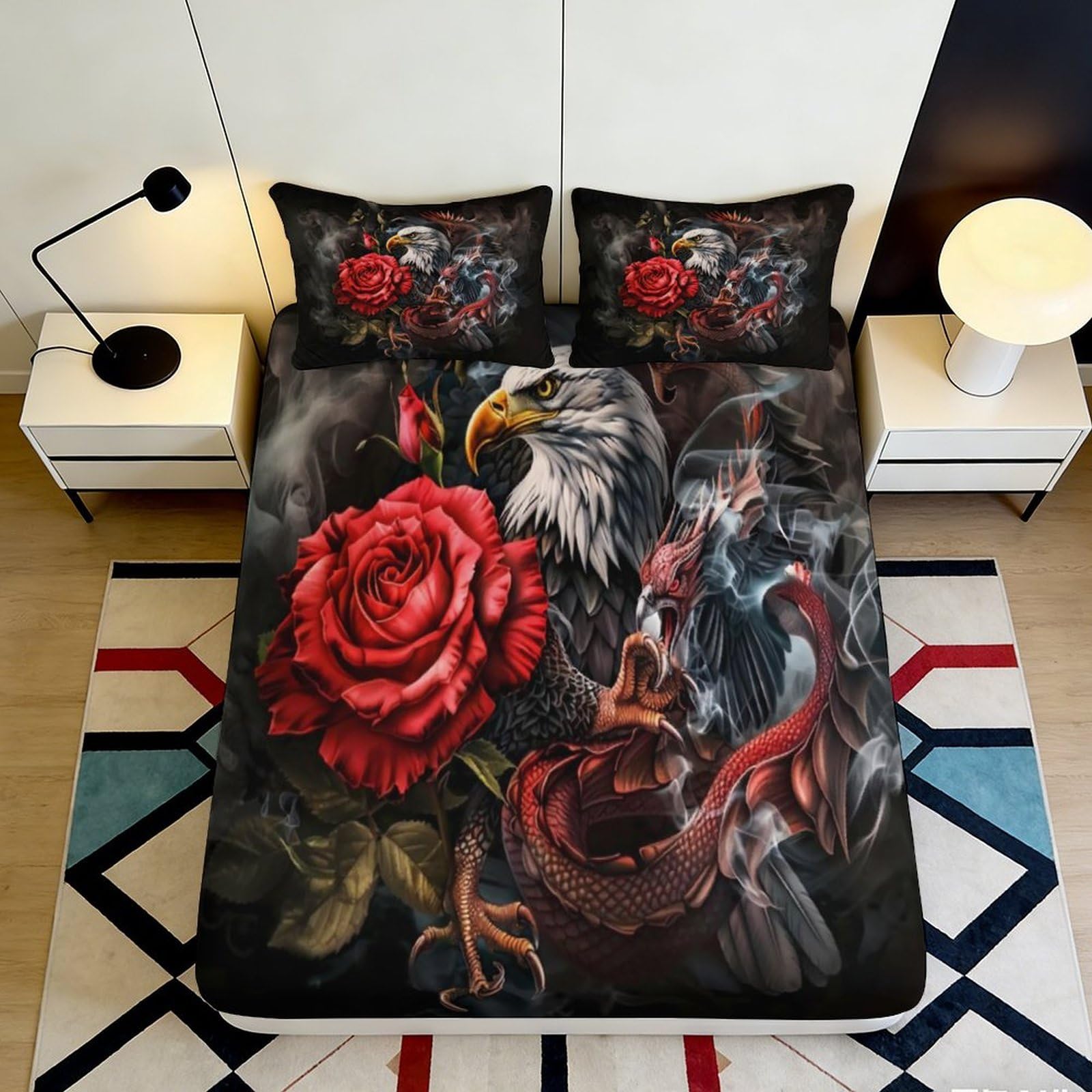 3D Printed Eagle Rose Fitted Sheet Microfiber Mattress Cover Red Dragon Pattern for Bedroom Dorm Easy Care 90x200x25cm