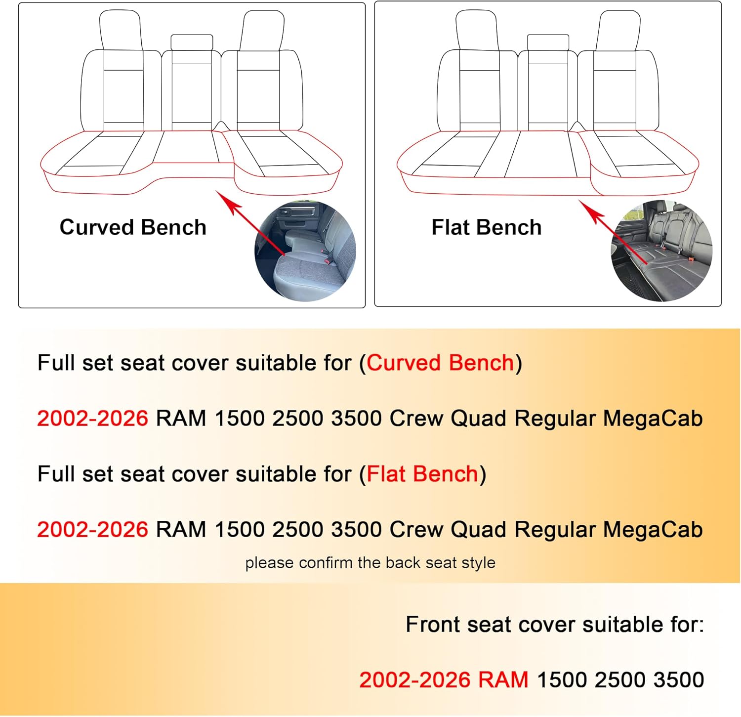 Ram Seat Covers Full Set,Waterproof Ram 1500 Seat Cover for 2002-2026 Dodge RAM 1500 2500 3500 Crew Quad Cab Classic Bighorn Longhorn Laramie Tradesman with Curved Bench(5 Seats, Black)