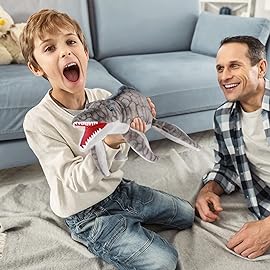 AULUDA Dinosaur Plush Toy, Mosasaurus Stuffed Animal Throw Plushie Pillow Doll, Soft Grey Fluffy Friend Hugging Cushion - Present for Every Age & Occasion