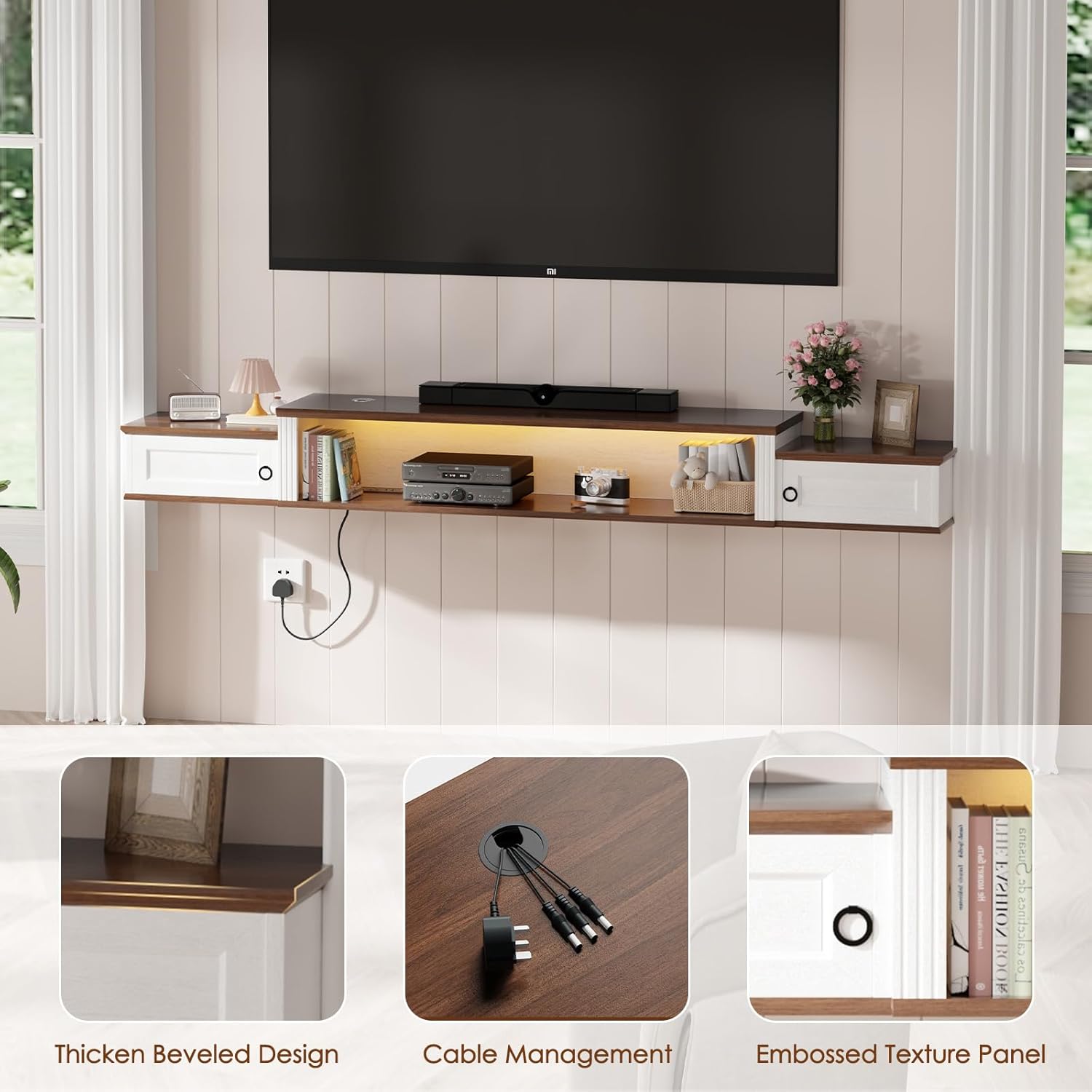 Floating TV Stand for TVs up to 80", 70" Modern Wood Floating TV Shelf with LED Light & Outlet, Minimalist Farmhouse Floating TV Stand Wall Mounted for Living Room, Bedroom, Antique White