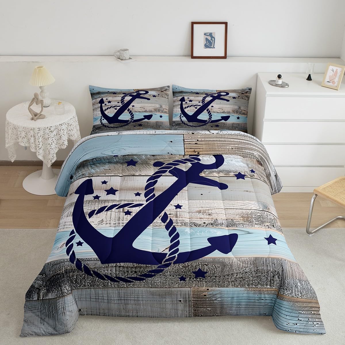 Coastal Nautical Bedding Sets Queen Navy Blue Anchor Comforter Set for Kids Boys Teen Rustic Farmhouse Wooden Board Comforter Retro Ocean Sailing Boat Quilt Duvet with 2 Pillow Cases Retro Grey