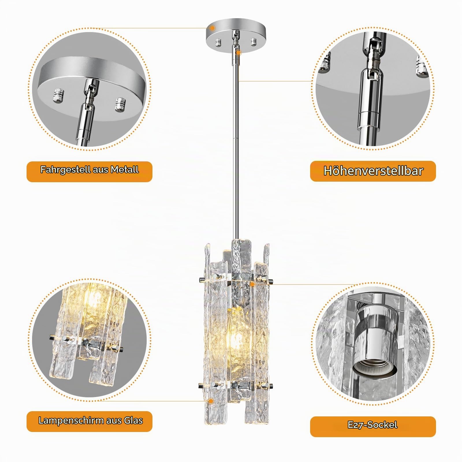 Einflammig Pendelleuchte Modern Vintage Glas Hängelampe Höhenverstellbar Chrom Hängeleuchte für Küche Esstische Esszimmer Schlafzimmer, E27 Sockel