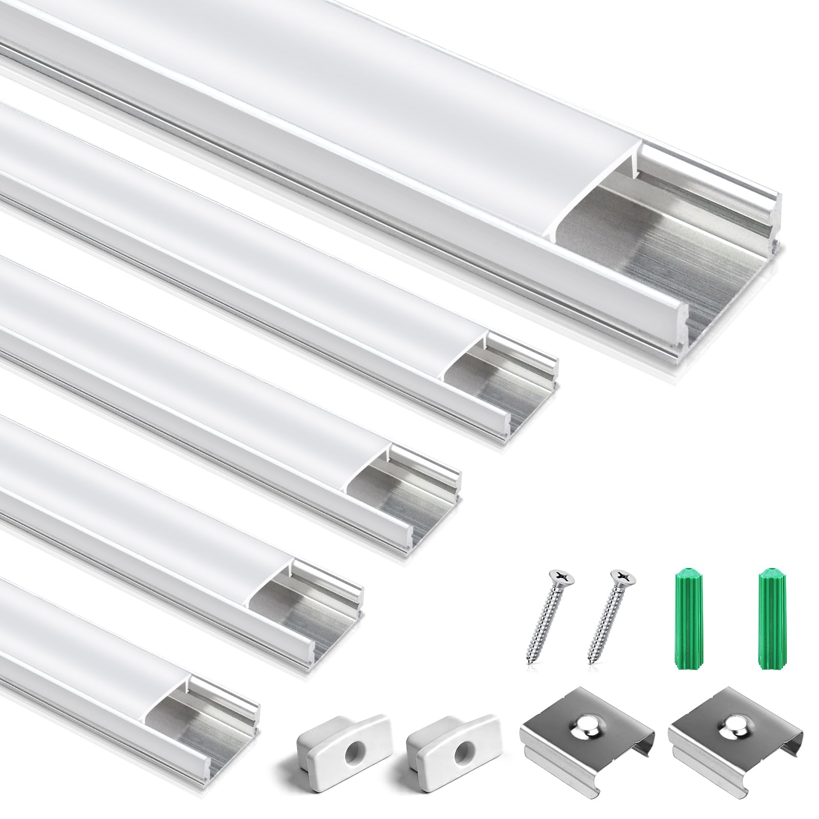 Set di 5 profili in alluminio per LED, a forma di U, colore argento con copertura bianco latte, tappi terminali e clip di montaggio, profilo in alluminio estruso per strisce LED U02