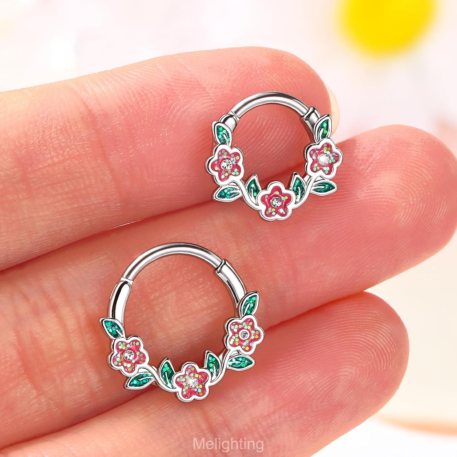 Melighting 16G Flower Septum Ring,Rose Daith Piercing Jewelry, Stainless Steel 316L Septum Clicker Clear CZ Opal Cartilage Lobe Earring For Women 8/10 mm - Image 4