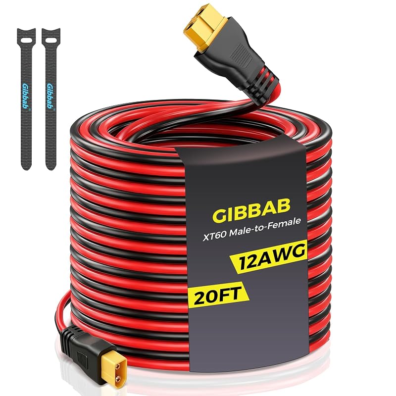 Cabo de Extensão XT60 Macho para Fêmea Gibbab 12AWG, 6,10 m, 30 A, Preto