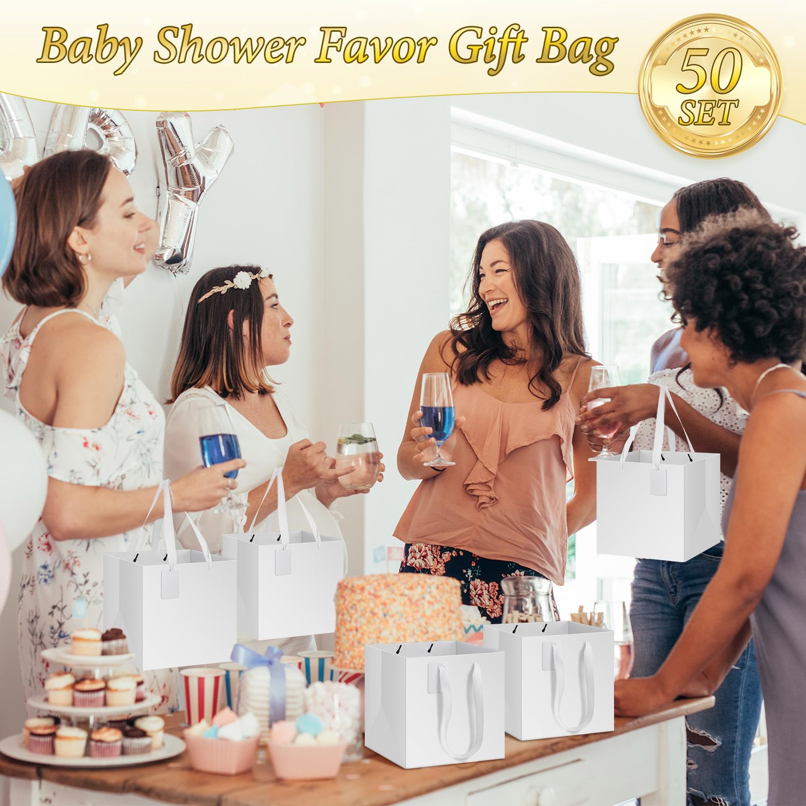 Windyun 50 bolsas de regalo de papel con asa, 25,4 x 25,4 x 25,4 cm, cuadradas, pequeñas, con etiqueta de agradecimiento para cumpleaños, boda, despedida de soltera, dama de honor, fiesta de