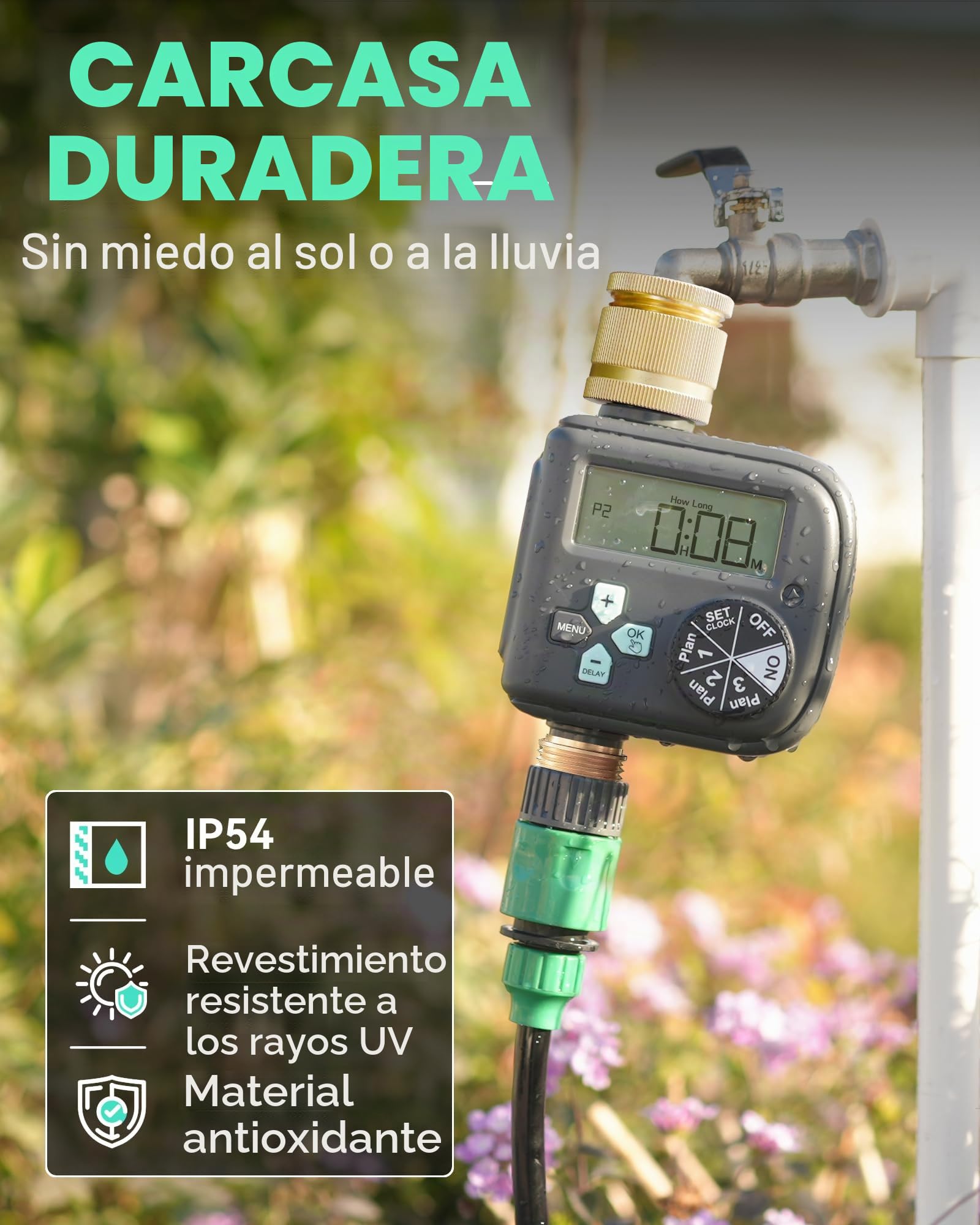 RAINPOINT Programador Riego Automatico con Entrada y Salida de Latón, Temporizador Riego con 3 Horarios, Programable por Semana/Intervalo de Horas y Días, Programador de Riego para Jardín, Césped
