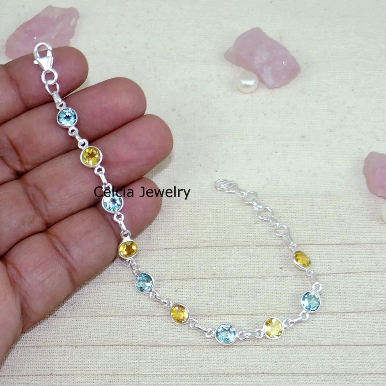 Pulsera de plata de ley 925 maciza para hombres y mujeres, topacio azul genuino y citrino, múltiples piedras preciosas, pulsera única hecha a mano para ella