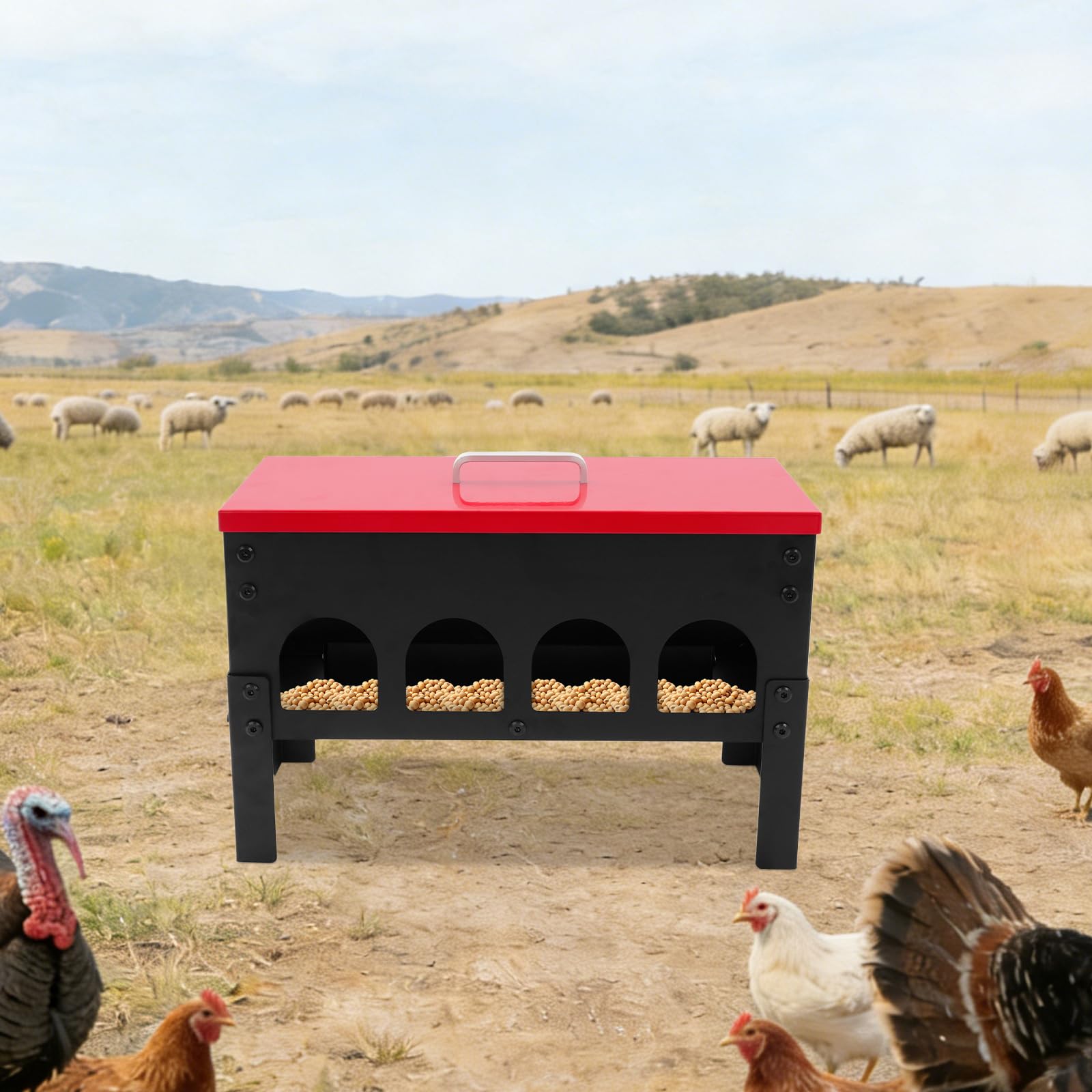 Comedero automático para pollos, 10 L, hierro, bebedero automático para pollos con 10 puntos de alimentación y tapa, accesorio grande para gallinas, comederos para aves de corral, pollos, patos