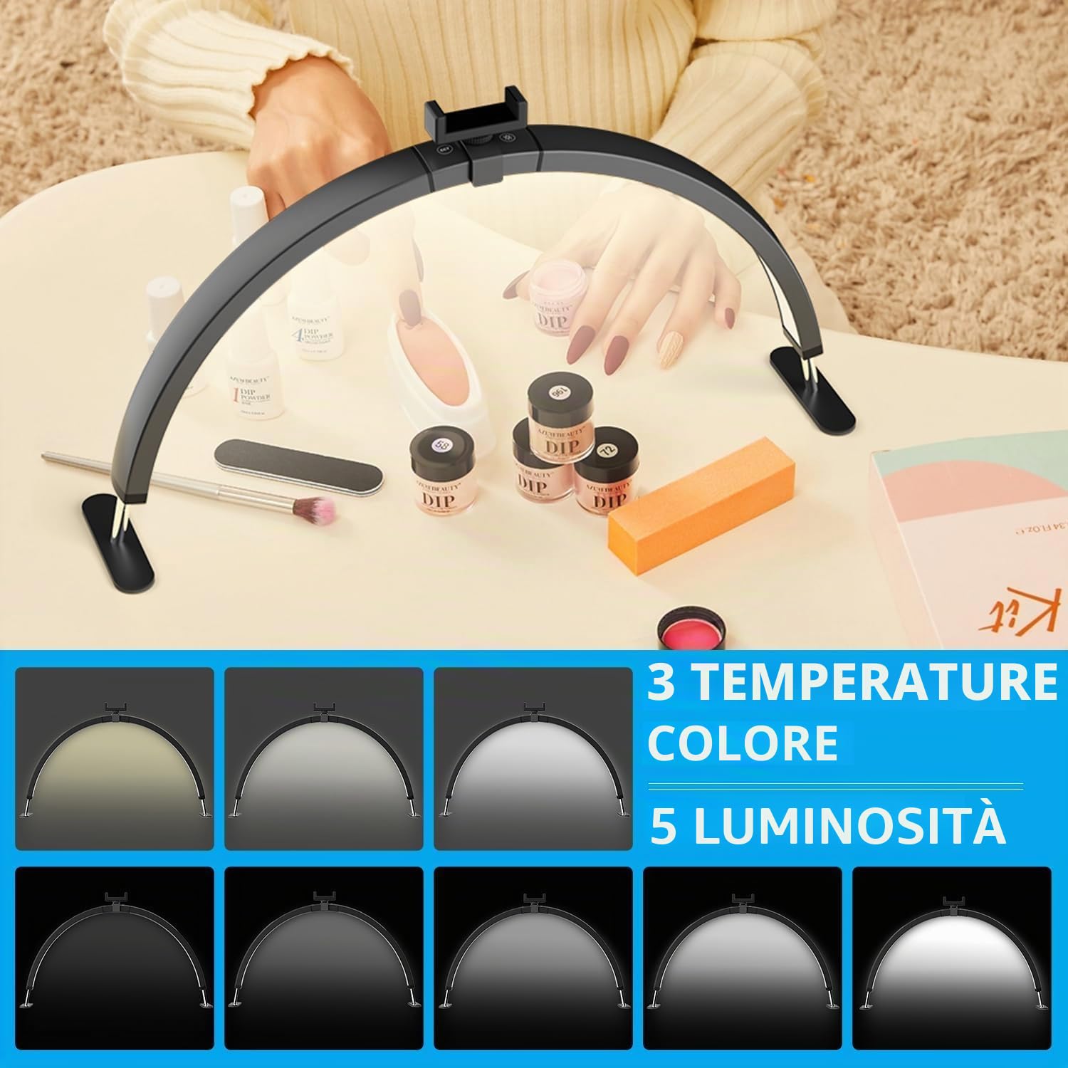 Lampada Extension Ciglia Rimovibile Lampada Tavolo A Led A Mezzaluna Lampada Tavolo Per Unghie Da Tavolo Con Porta Cellulare Lampada Di Bellezza A Mezzaluna (A White, 29IN)