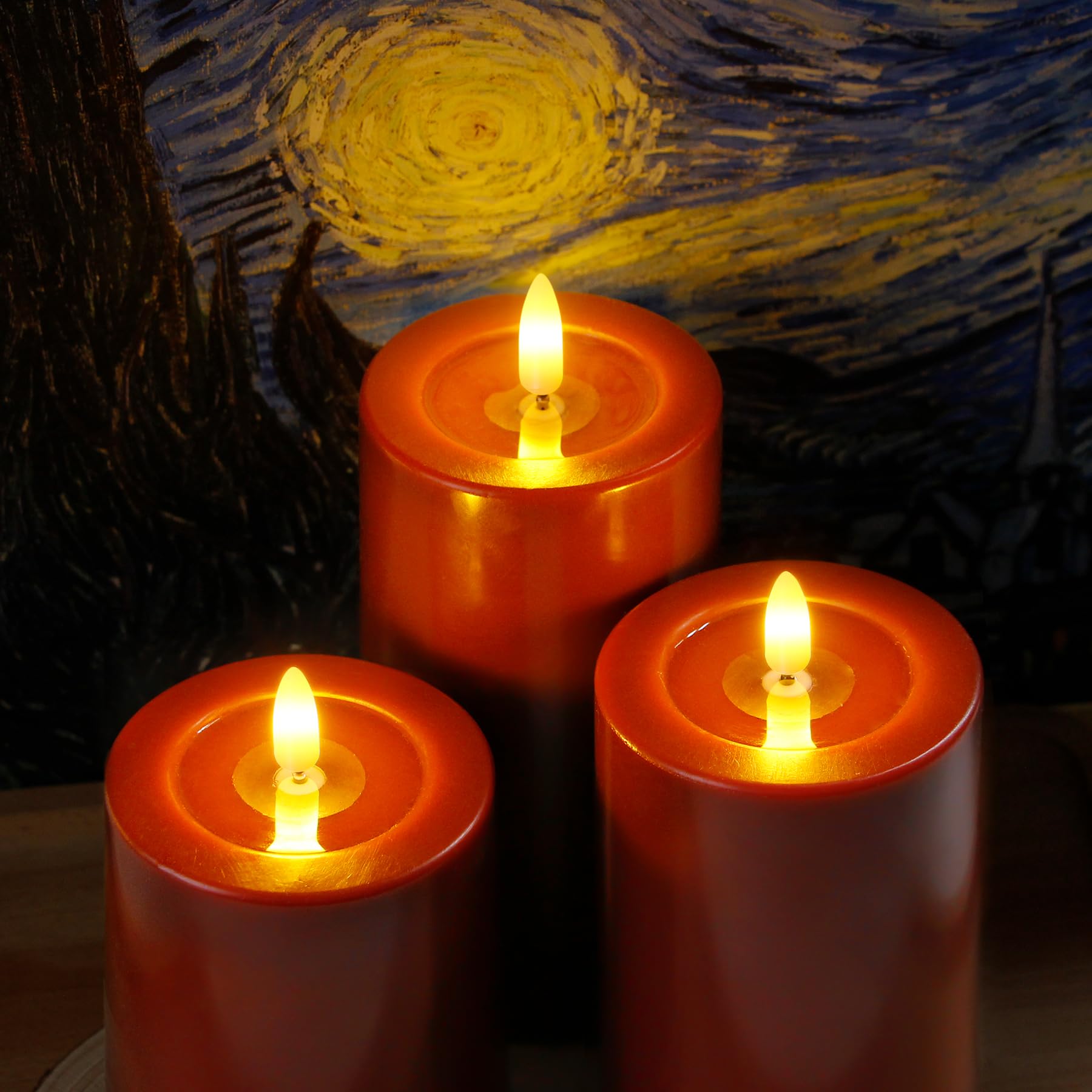 Yeelida remoto sin llama parpadeante velas LED con aceite de cera de diseño, Borgoña Pack de 3 pilas Oprated pilar temporizador real velas de cera (7.5x10 12.5 15cm)