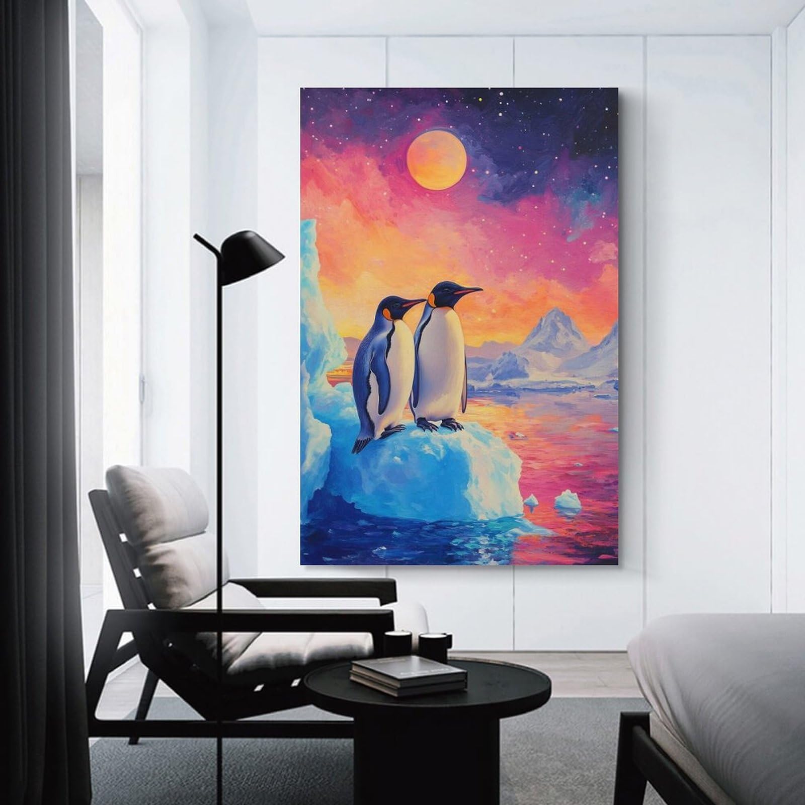 Junmoney Unframe-Style-2 Decorative Wall Artwork Penguins On Iceberg Under Colorful Sky, 20X30inch(50X75cm), For Contemporary Homes, Apartments Or Offices, An Easy Choice For New Home Styling