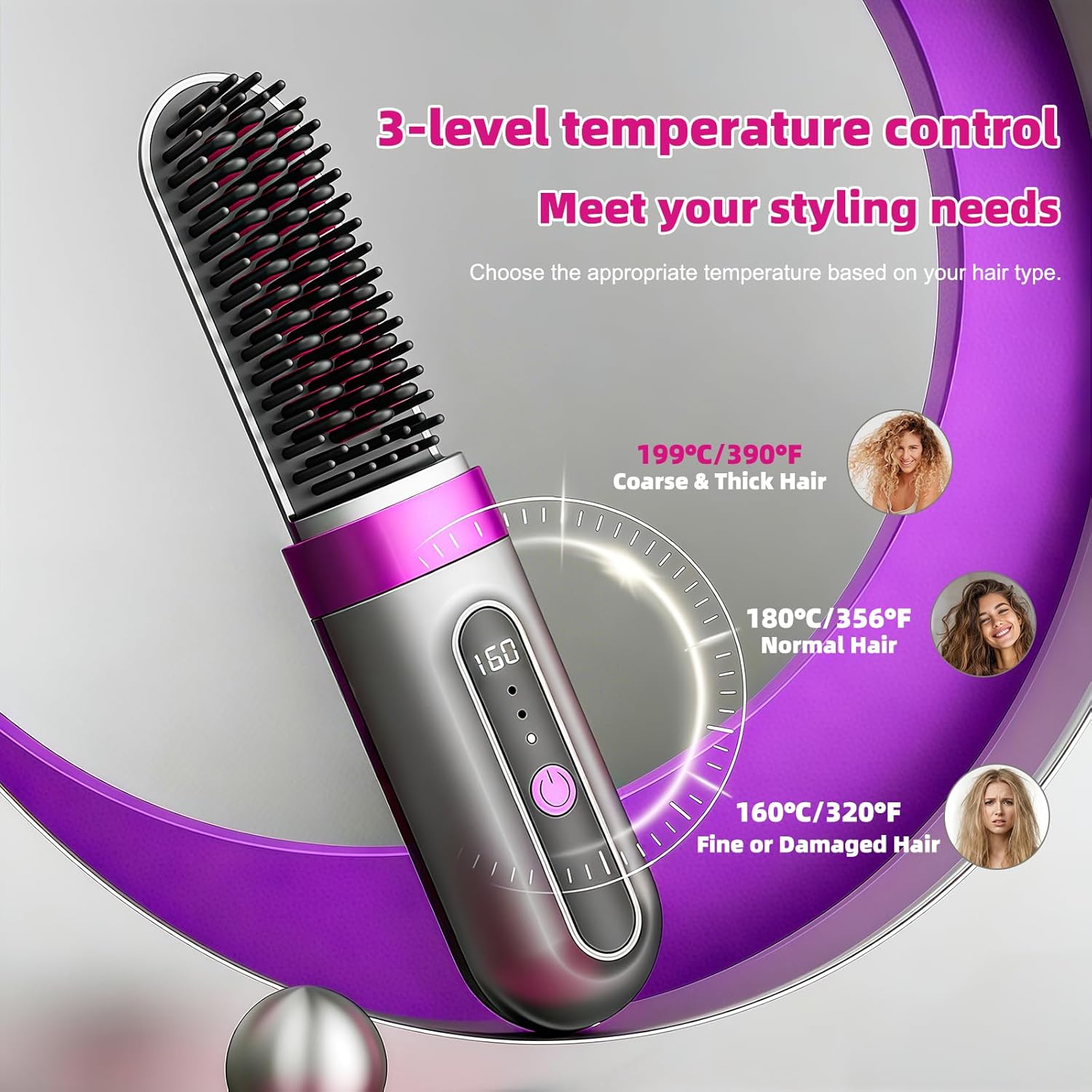 Cordless Hair Straightener Brush - Portable, Fast-Heating Styling Tool with Protective Dust Cover - 3 Temperature Settings, 300 Million Negative Ions for Frizz-Free Styling On-the-Go & Travel Use