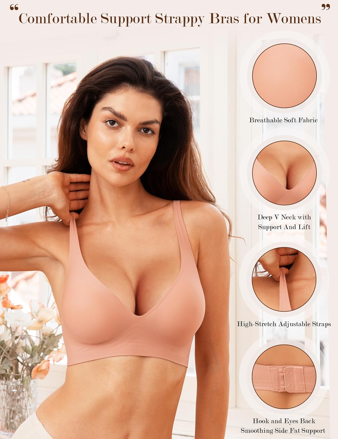 Womens Wireless Bra No Underwire Seamless Push Up Bra Comfort Full Coverage Padded Soft Vneck Everyday Bralette - Image 4