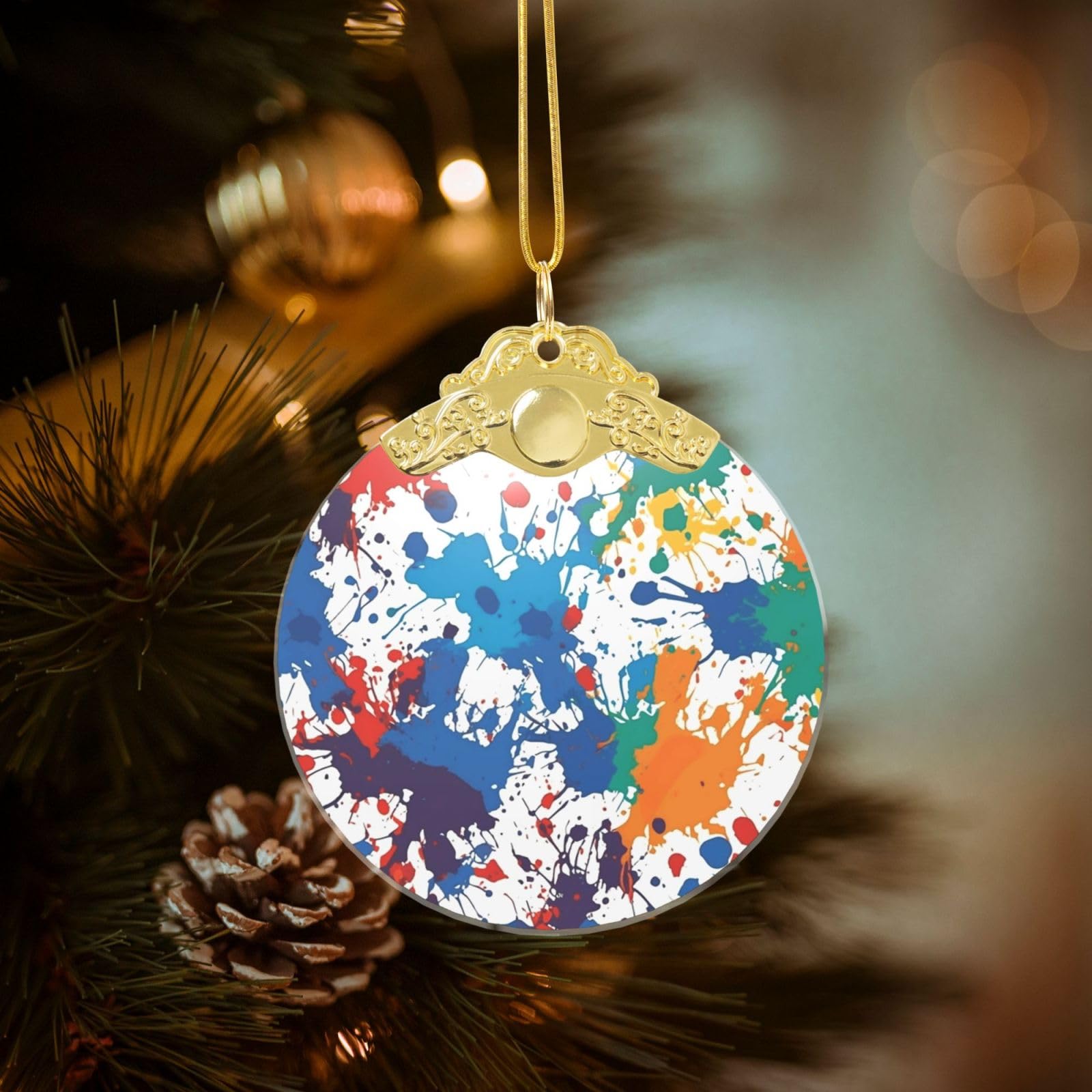 Pattern of Paint Splatters Christmas Ornament 2025, Round Glass Xmas Hanging Pendant for Xmas Tree Decoration,Cute Holiday Hanging Decorations Keepsake for New Year Family Party Wedding Decor