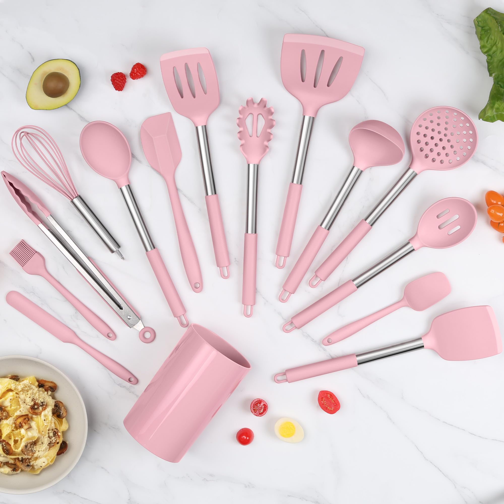 LIANYU 15-teiliges Kochutensilien-Set mit Edelstahlgriff, Silikon-Küchenhelfer mit Halter, hitzebeständiger Spatel, Löffel, Pfannenwender, Zange, Schneebesen, Bürstenwerkzeuge zum Kochen