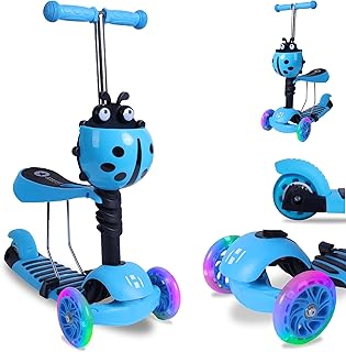 Habib Gruppe 3-in-1 Children's Scooter for Boys and Girls - Removable Seat, LED Wheels, Height-Adjustable Handlebars, Scooter - Children's Scooter Outdoor Game, for 2-8 Years Children