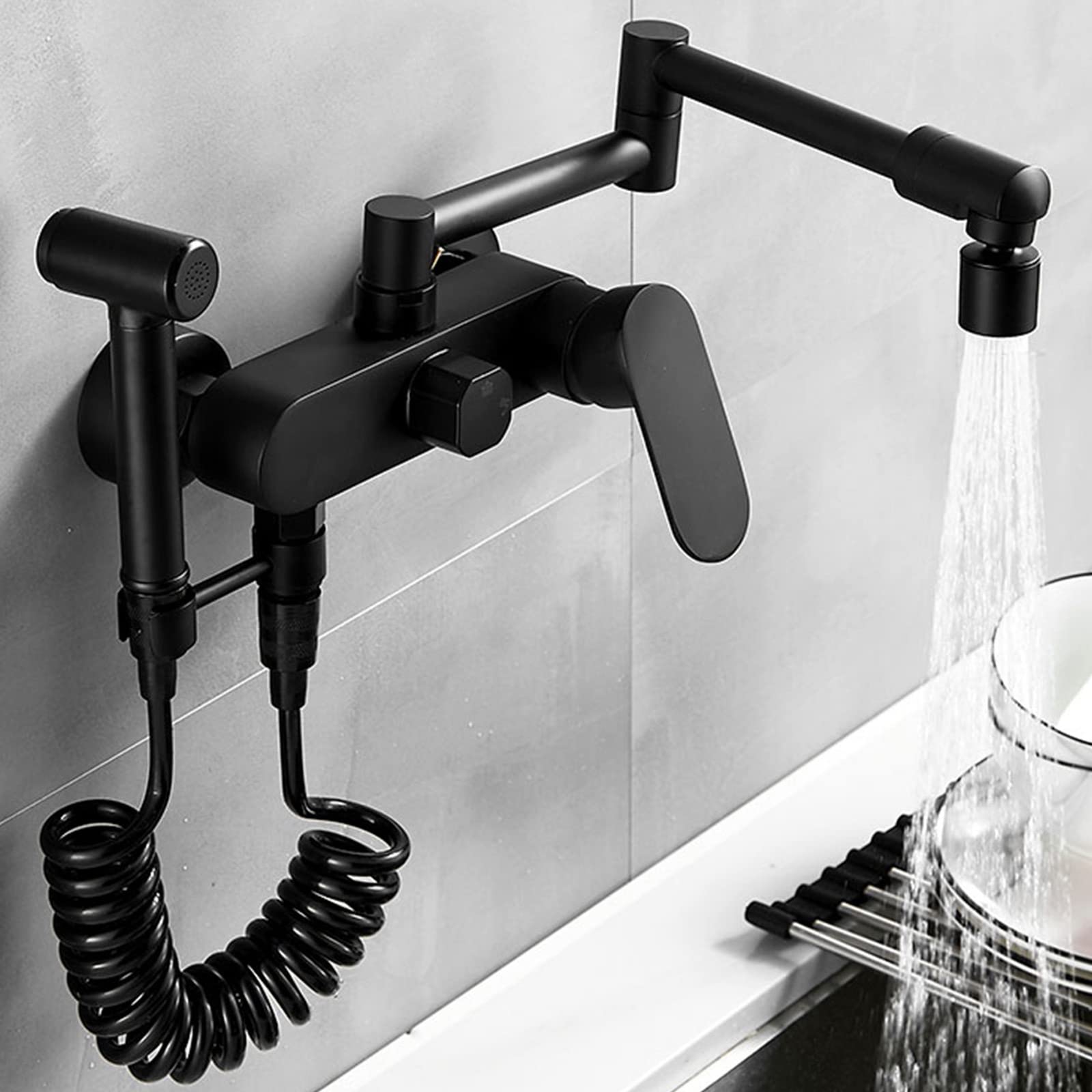 ZYCHSJXA Wall Mounted Kitchen Faucet Brass Double Bore Telescopic Hot and Cold Water Airbrush Swivel Mixer Black