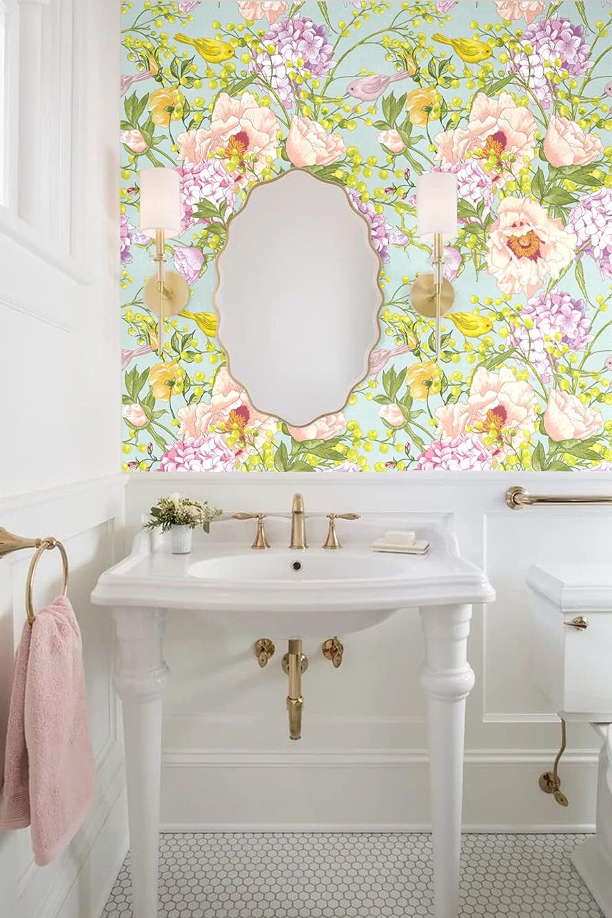 Blooming Wall DPY27 Light Purple Hydrangea Beige Peony with Birds Peel and Stick Wallpaper Removable Self Adhesive Wall Mural Wall Decor, 14.5 Square Ft/Roll