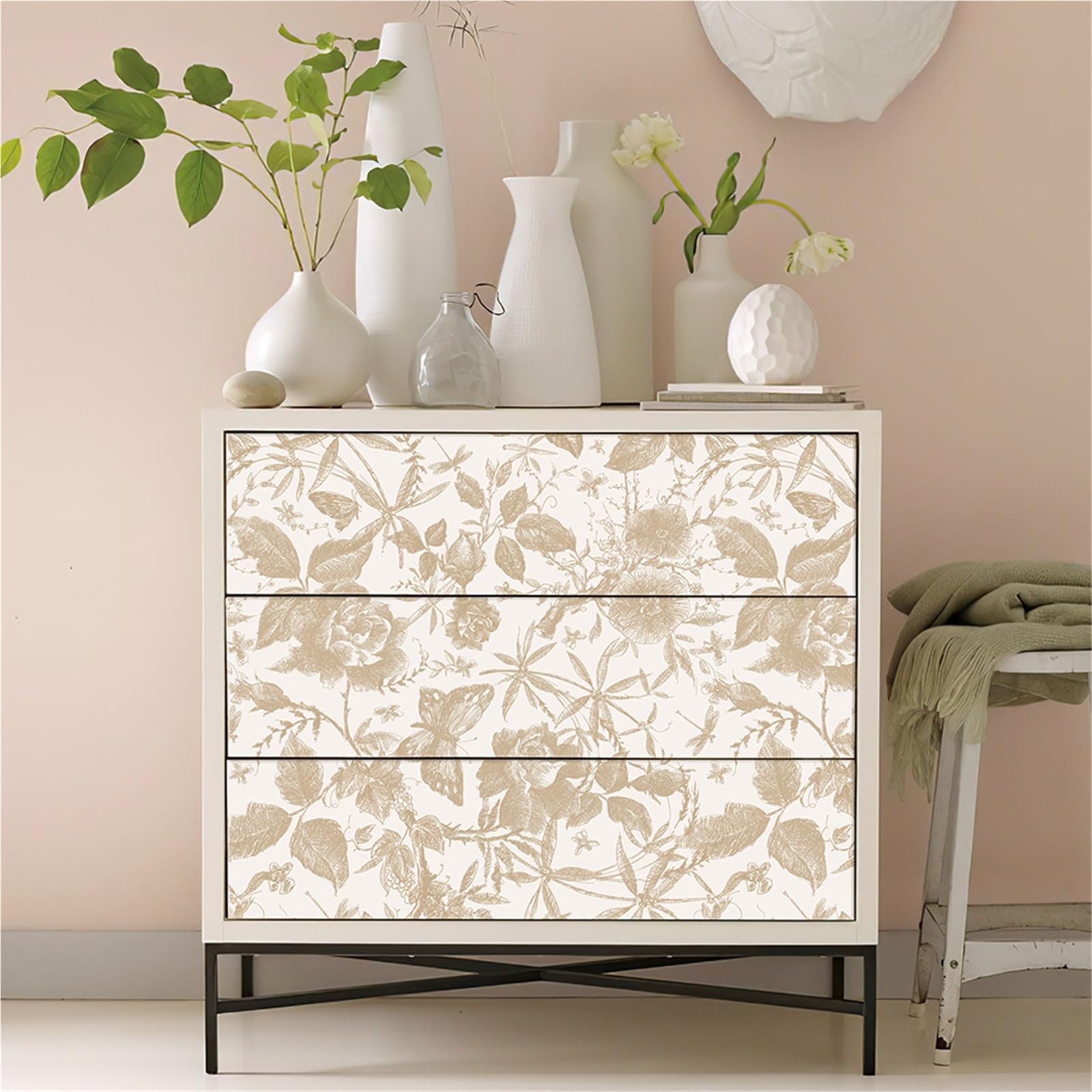 BTGYTTKL Self Adhesive Wallpaper Retro Floral Waterproof Self Adhesive Peel and Stick Film for Cabinet and Wall Decoration(Champagne,40x300cm)