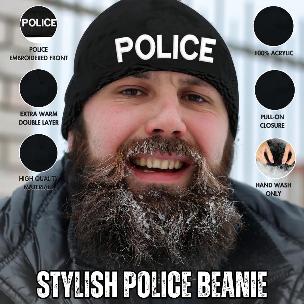 Black Police Beanie Watch Cap Embroidered Police Officer Guard Gear Warm Acrylic Winter Hat - Image 5