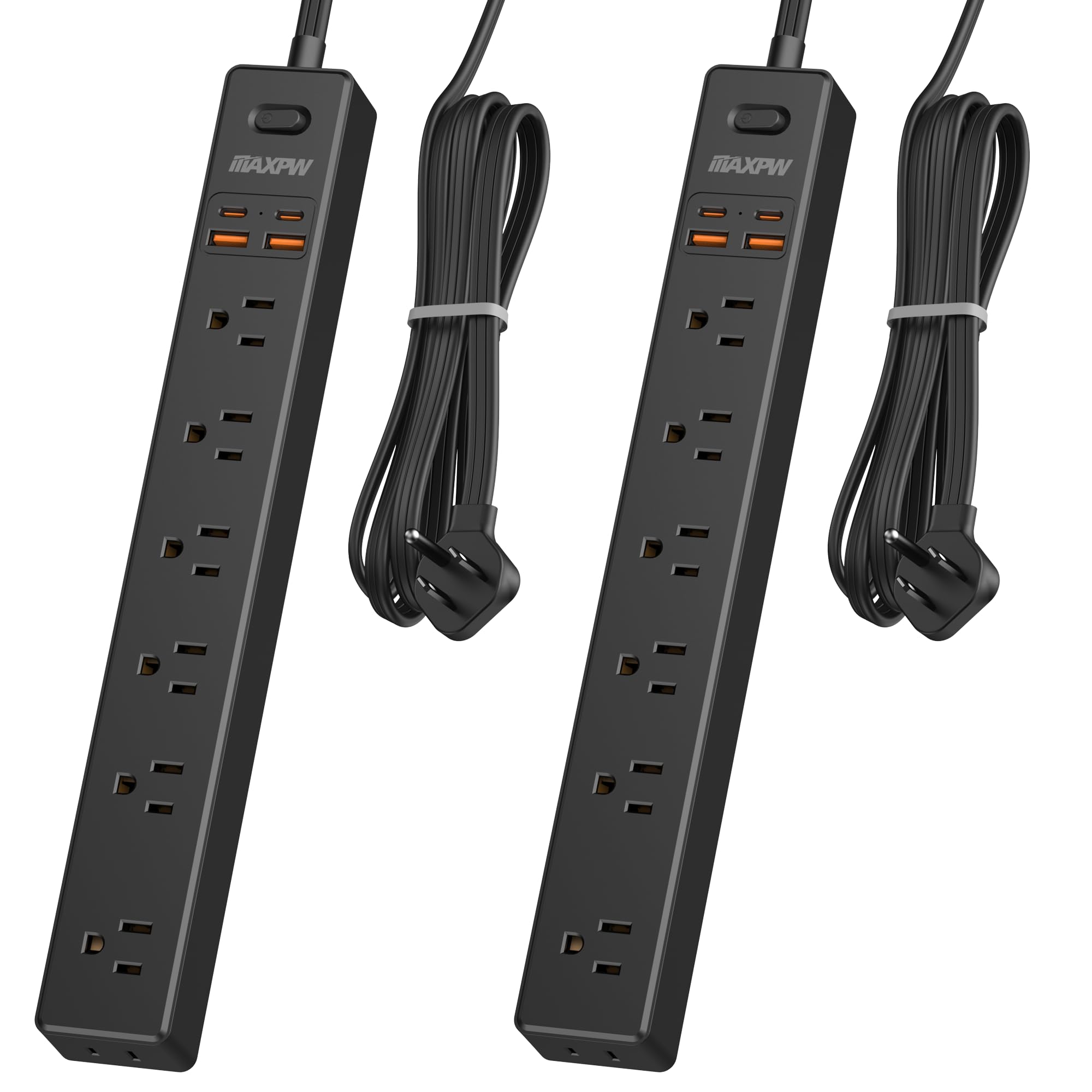 2 Pack Power Strip Surge Protector - 7 Outlets 4 USB Ports (2 USB C), 6 Ft Ultra Thin Flat Plug Extension Cord, 1875W/15A, 1700 Joules, Wall Mount for