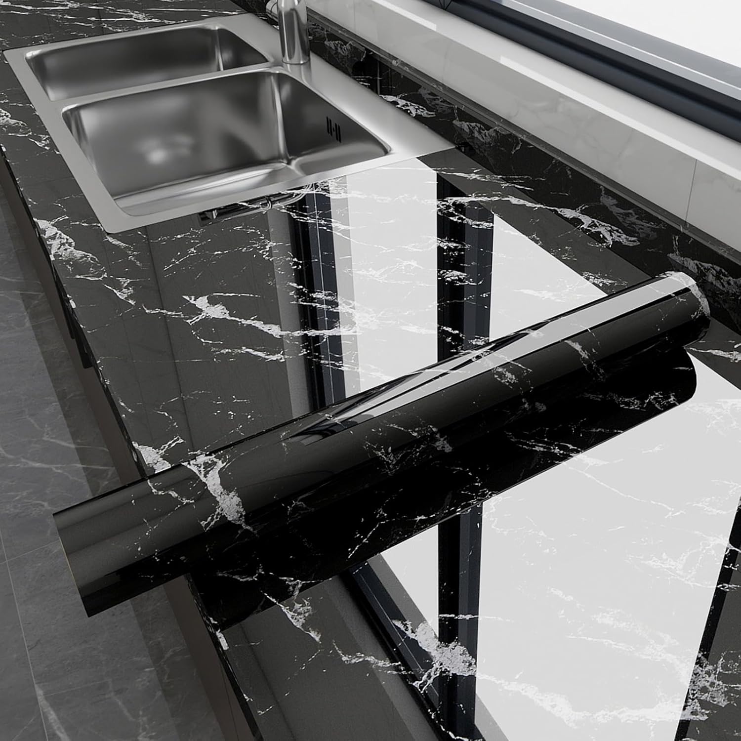 Glossy Marble Contact Paper for Countertops Peel and Stick Wallpaper Self-Adhesive Removable Waterproof Vinyl for Kitchen Cabinets Backsplash Furniture Black 17.7"x394"