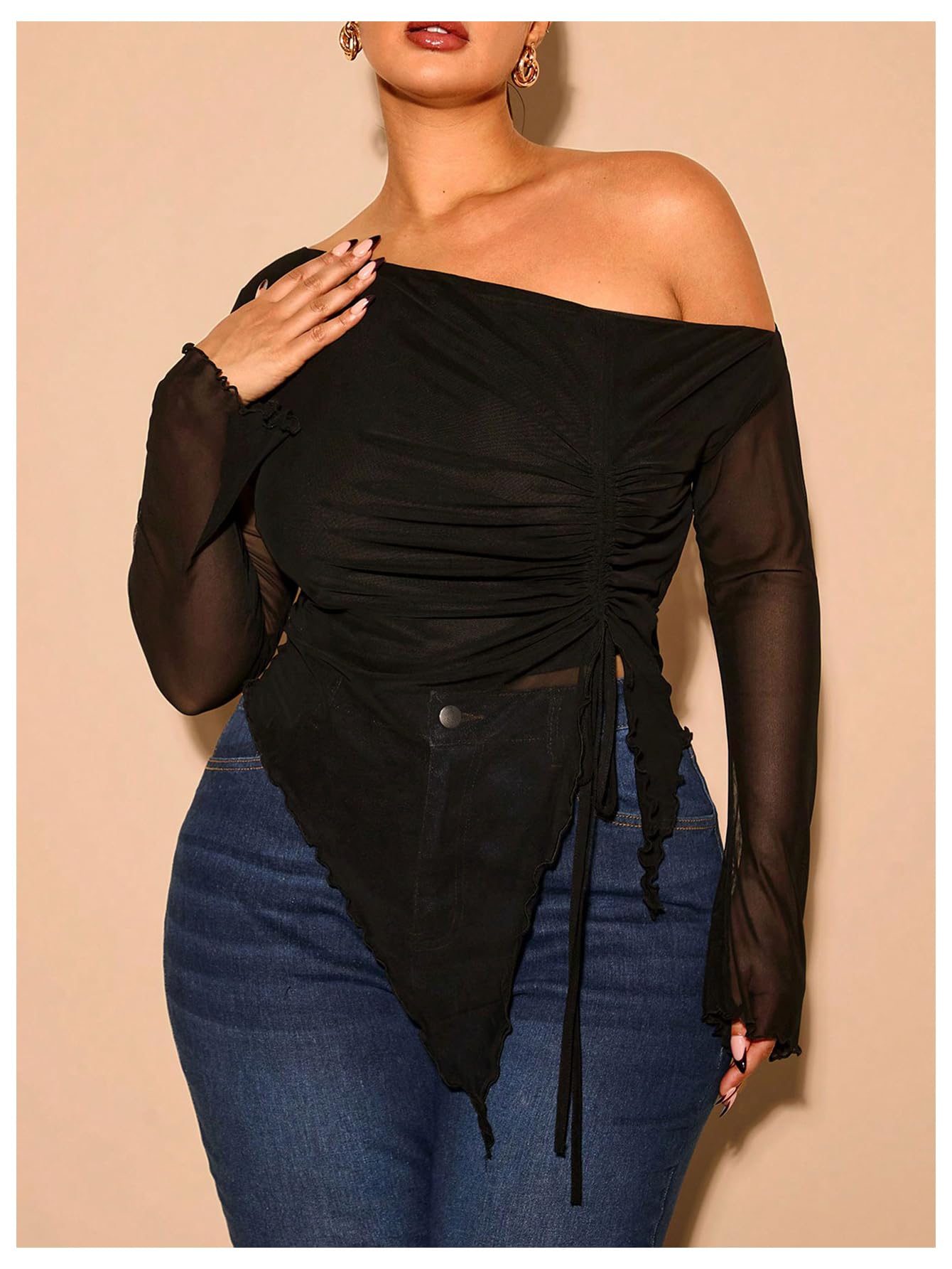 Women's Plus Size Sheer Mesh Off Shoulder Tops Long Sleeve Drawstring Asymmetrical Hem Ruched T Shirt