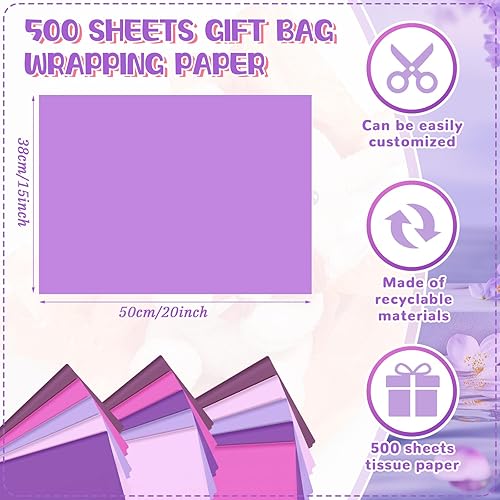 Miniatura 3 de Qilery 500 hojas de papel de seda morado lavanda a granel para bolsas de regalo, envoltura de flores, 15 x 20 pulgadas, embalaje sin ácidos, hojas