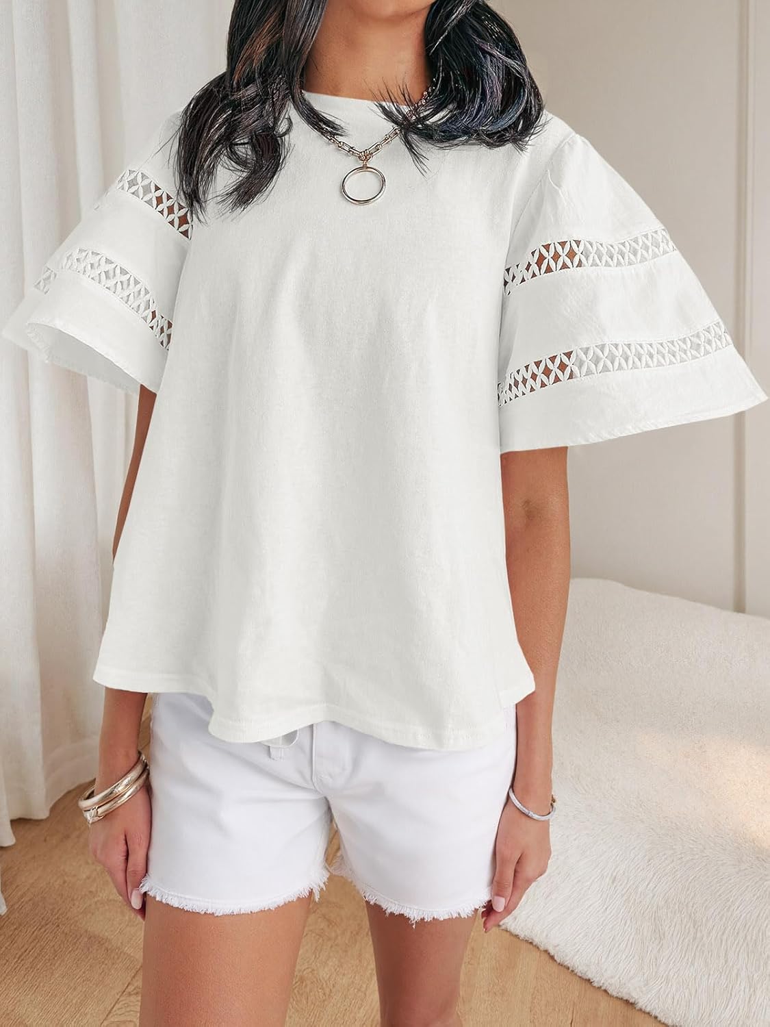 Tankaneo Womens Eyelet Short Sleeve Tops Trendy Casual Loose Fit Tunics Crewneck Summer T Shirts - Image 7