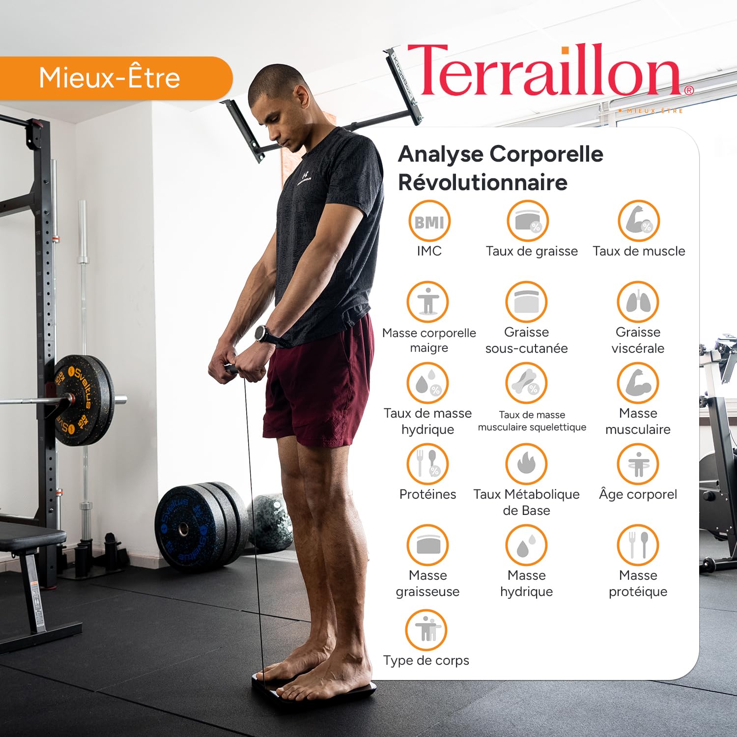 TERRAILLON - MASTER COACH EXPERT- Balance connectée Wi-Fi, 8 Electrodes invisibles, Analyse des masses graisseuse, musculaire, hydrique, osseuse et viscérale, IMC, Capacité 180 kg, Plateau verre, Bleu