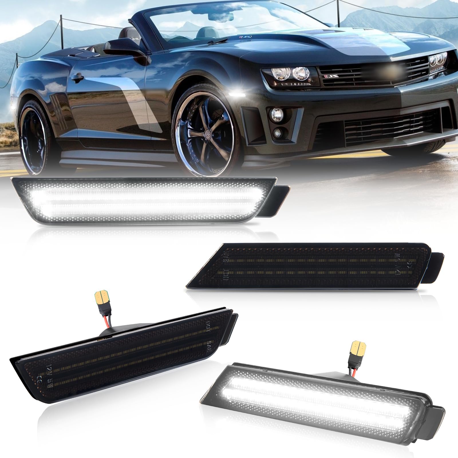 POPMOTORZ White LED Side Marker Lights Assembly Compatible With Chevy Camaro 2010 2011 2012 2013 2014 2015 Front Rear Fender Bumper LED Side Marker Lamps Smoked Lens 4 Pack